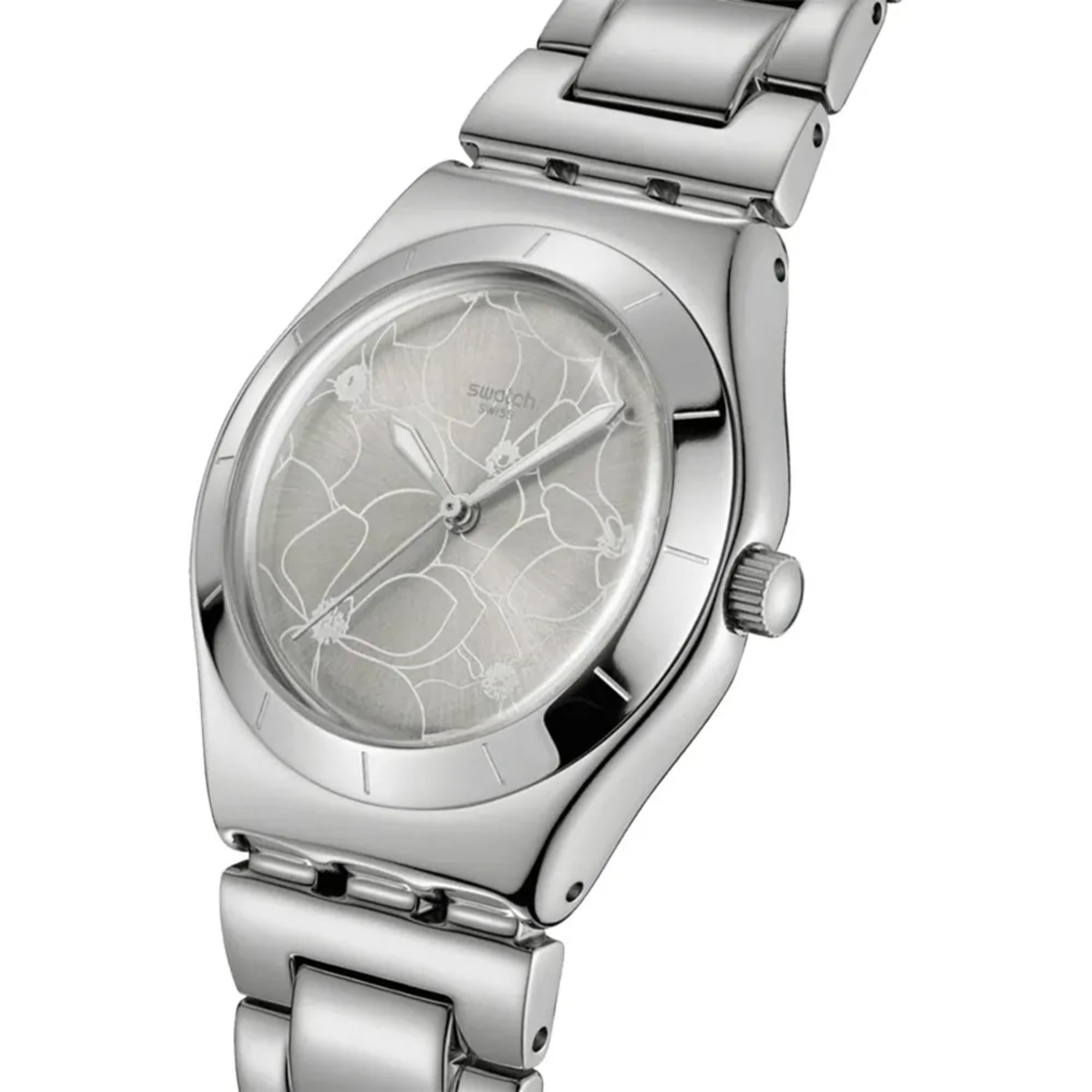 Swatch Petal Bliss Grey Dial Steel Strap Unisex Watch YLS237G
