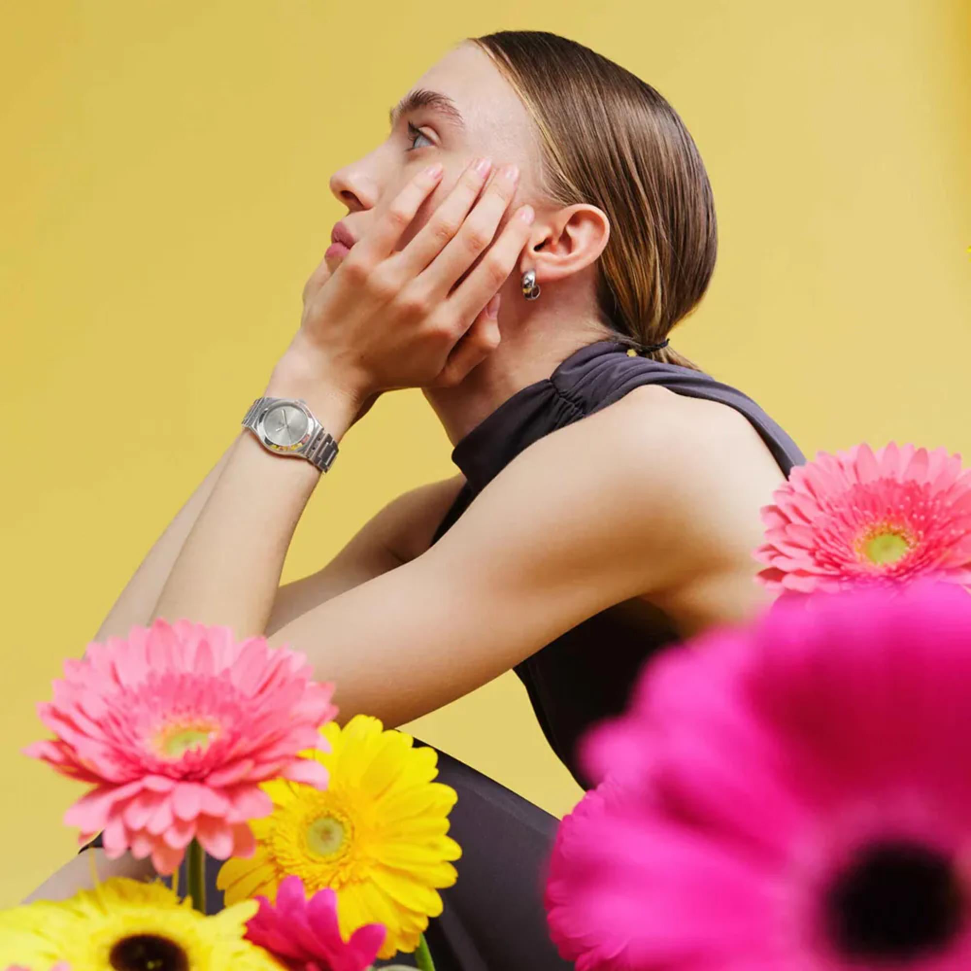 Swatch Petal Bliss Grey Dial Steel Strap Unisex Watch YLS237G