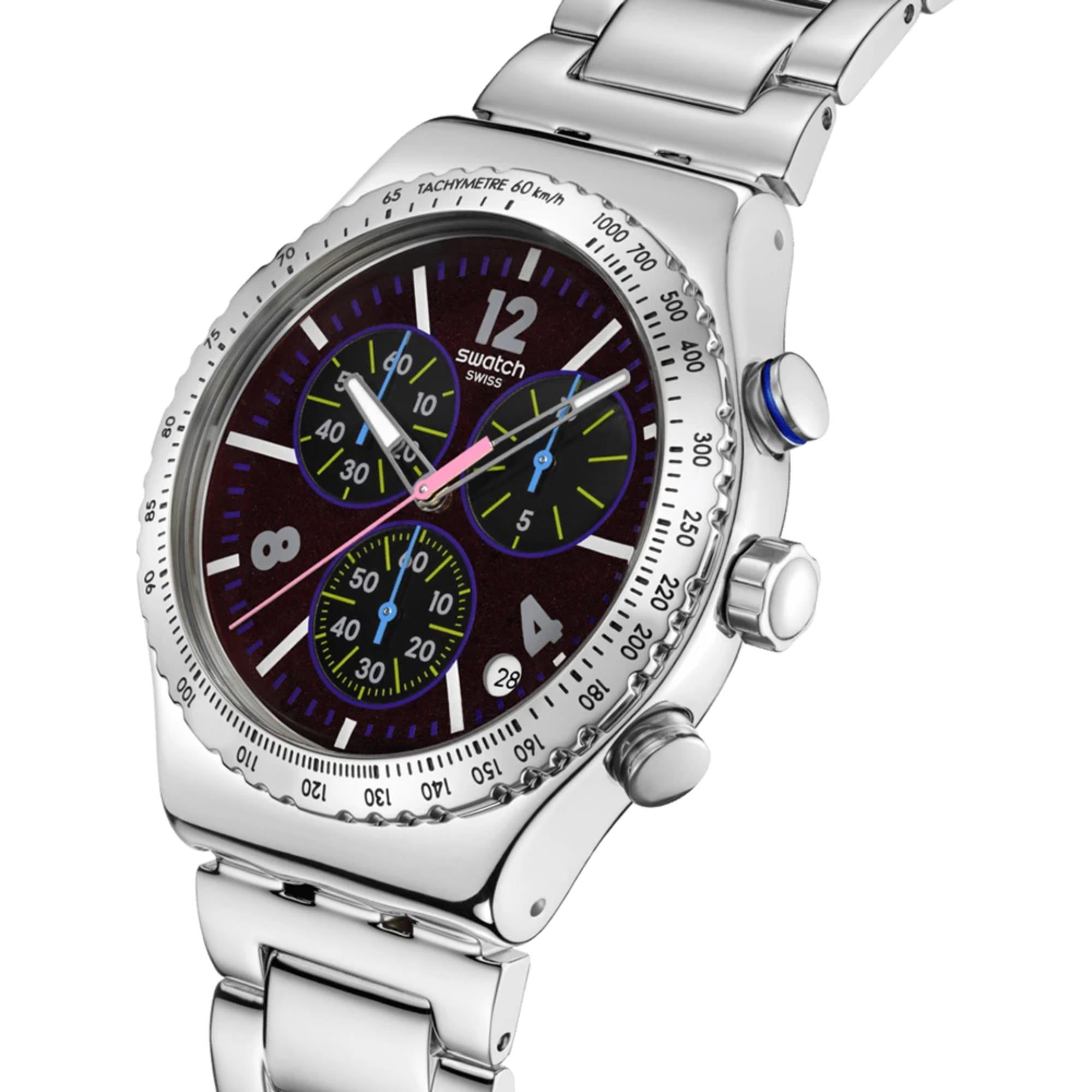 Swatch Irony Purple Glow Chronograph Black Dial Steel Strap Unisex Watch YVS533G