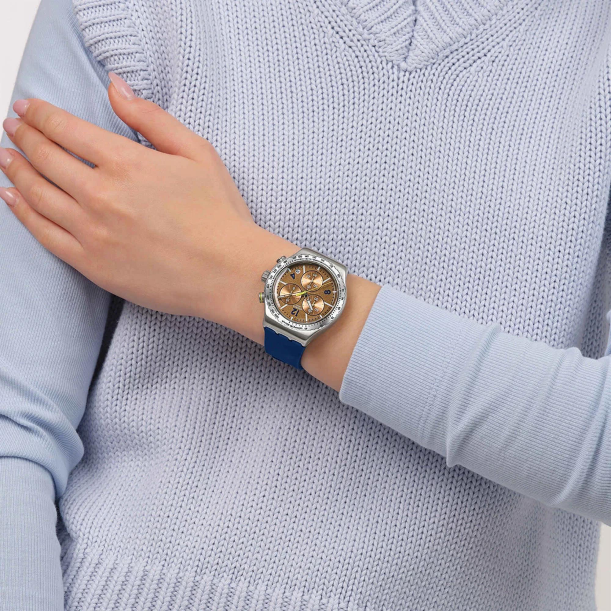 Swatch Irony Sidereal Glow Chronograph Brown Dial Rubber Strap Unisex Watch YVS534