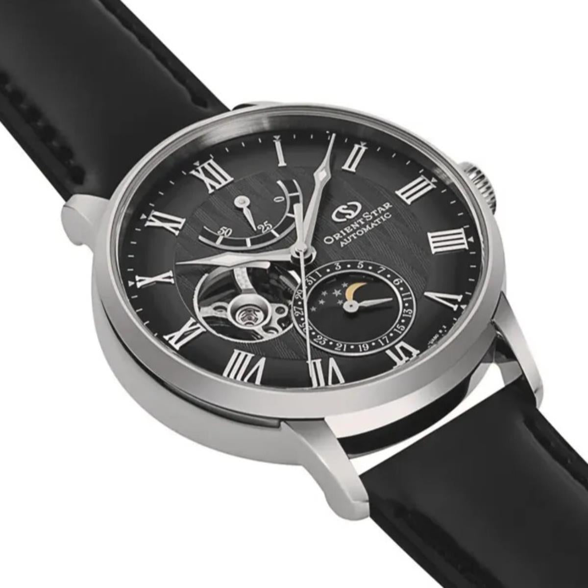 Orient Star Moon Phase Classic Black Dial Leather Strap Men's Dress Watch RE-AY0107N00B