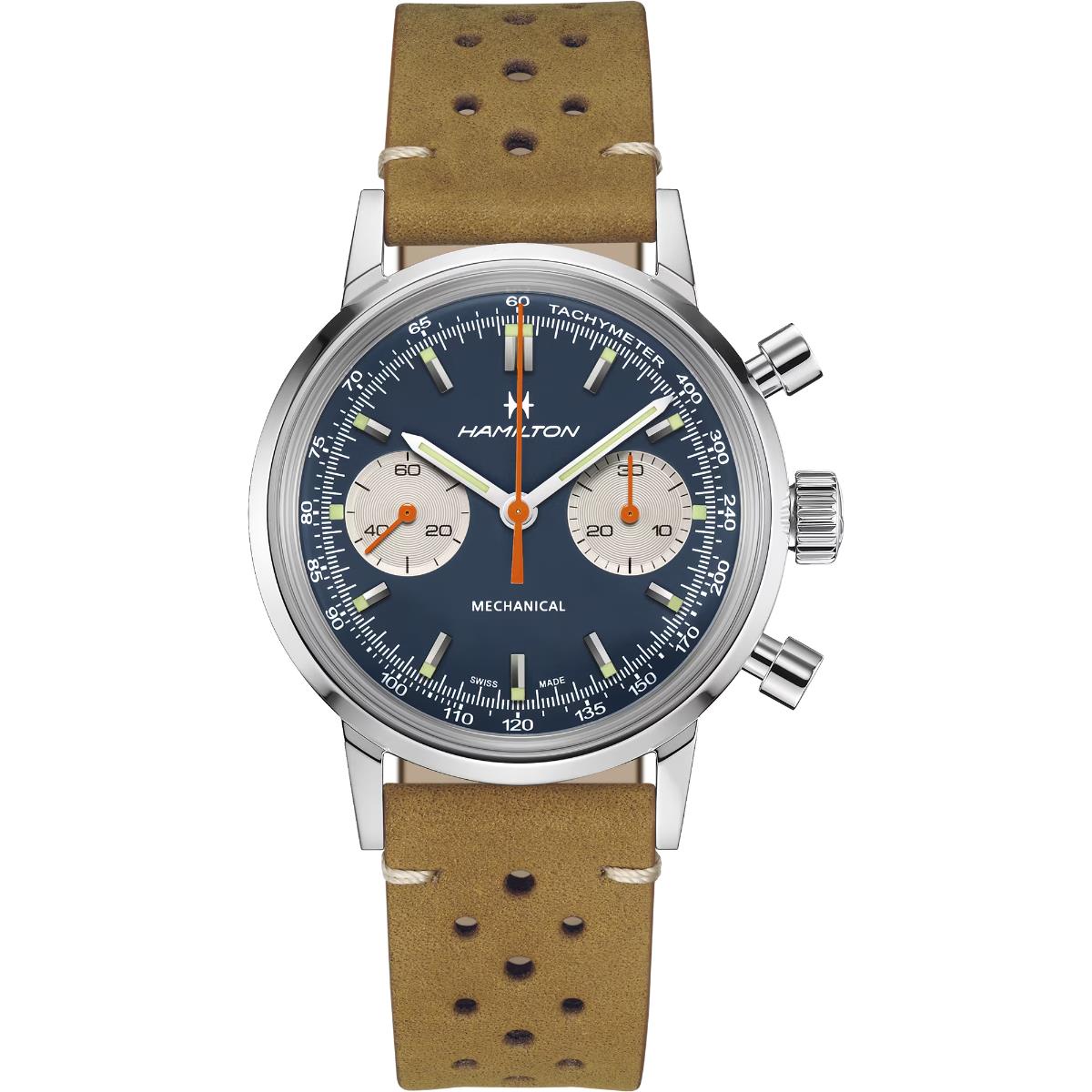 Hamilton American Classic Intra-Matic Chronograph H Blue Dial Leather Strap Men's Watch H38429541