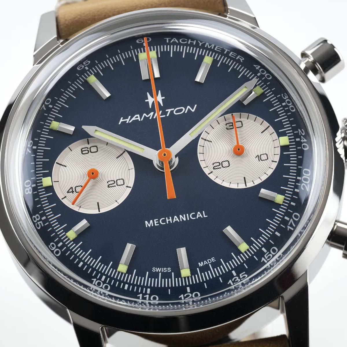 Hamilton American Classic 40mm Chronograph Blue Dial Leather Mens Mechanical Watch H38429541