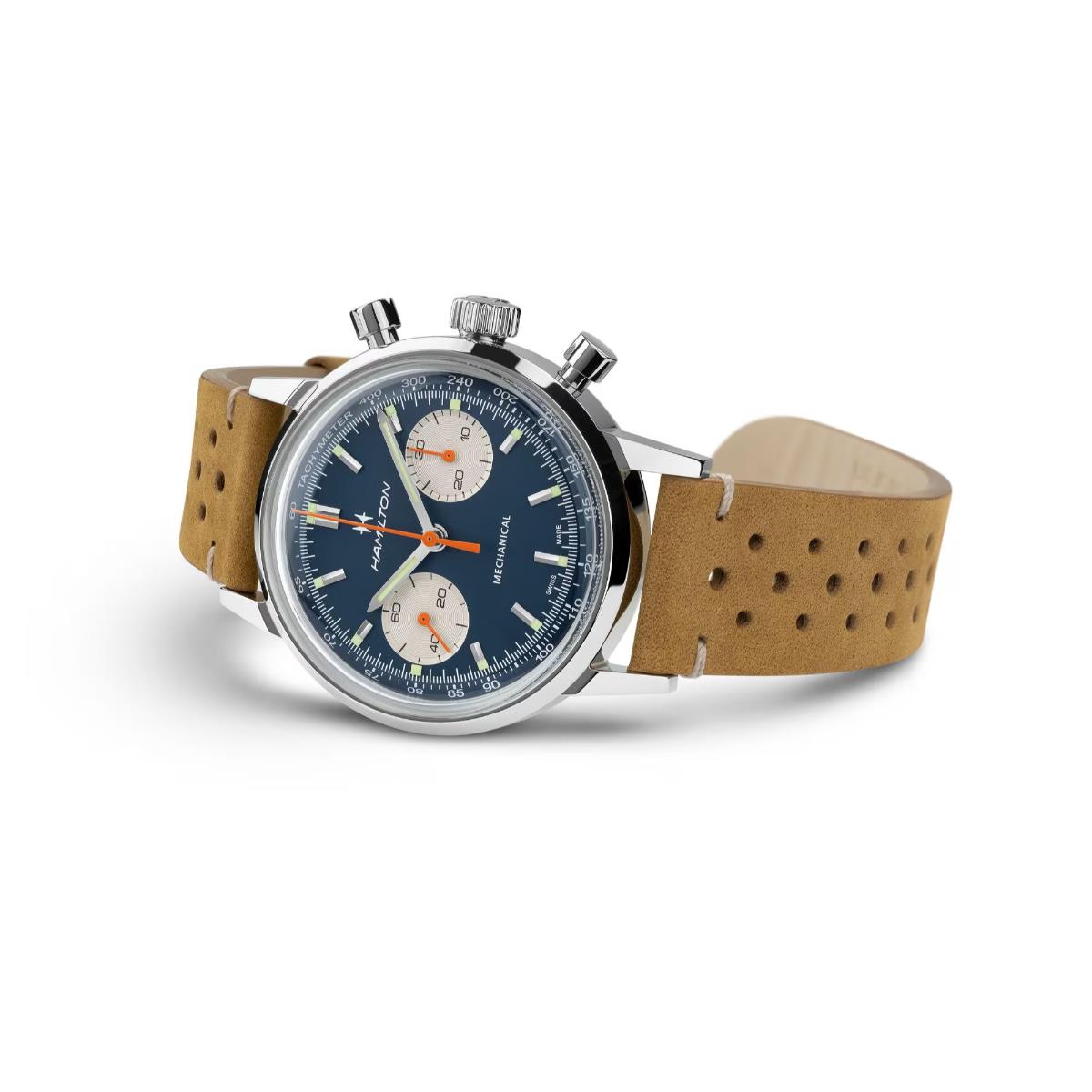 Hamilton American Classic 40mm Chronograph Blue Dial Leather Mens Mechanical Watch H38429541