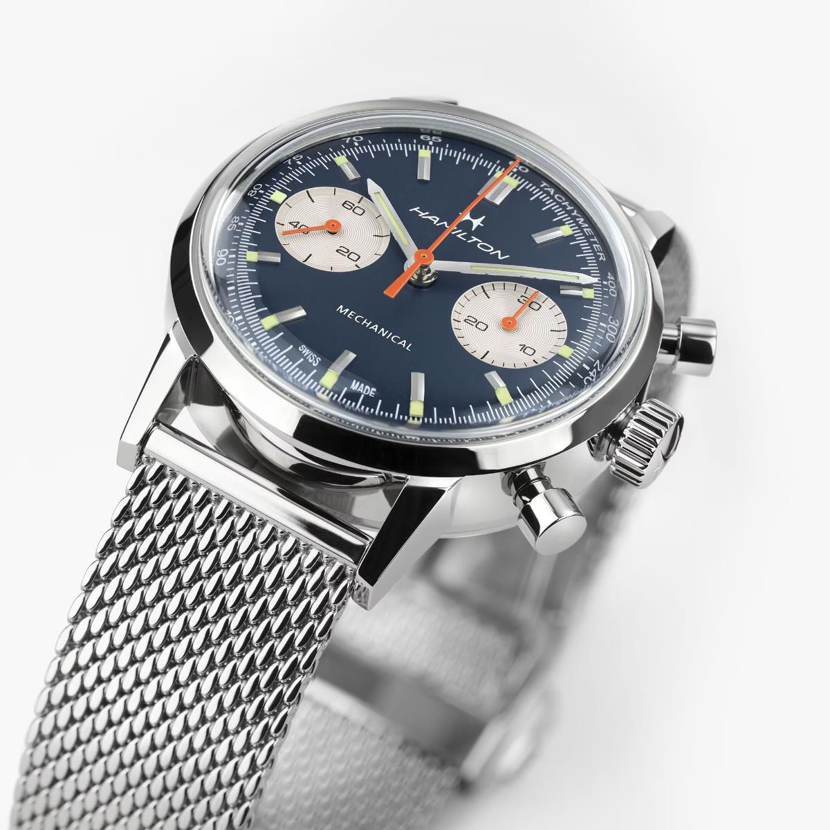 Hamilton American Classic 40mm Chronograph Blue Dial Leather Mens Mechanical Watch H38429541