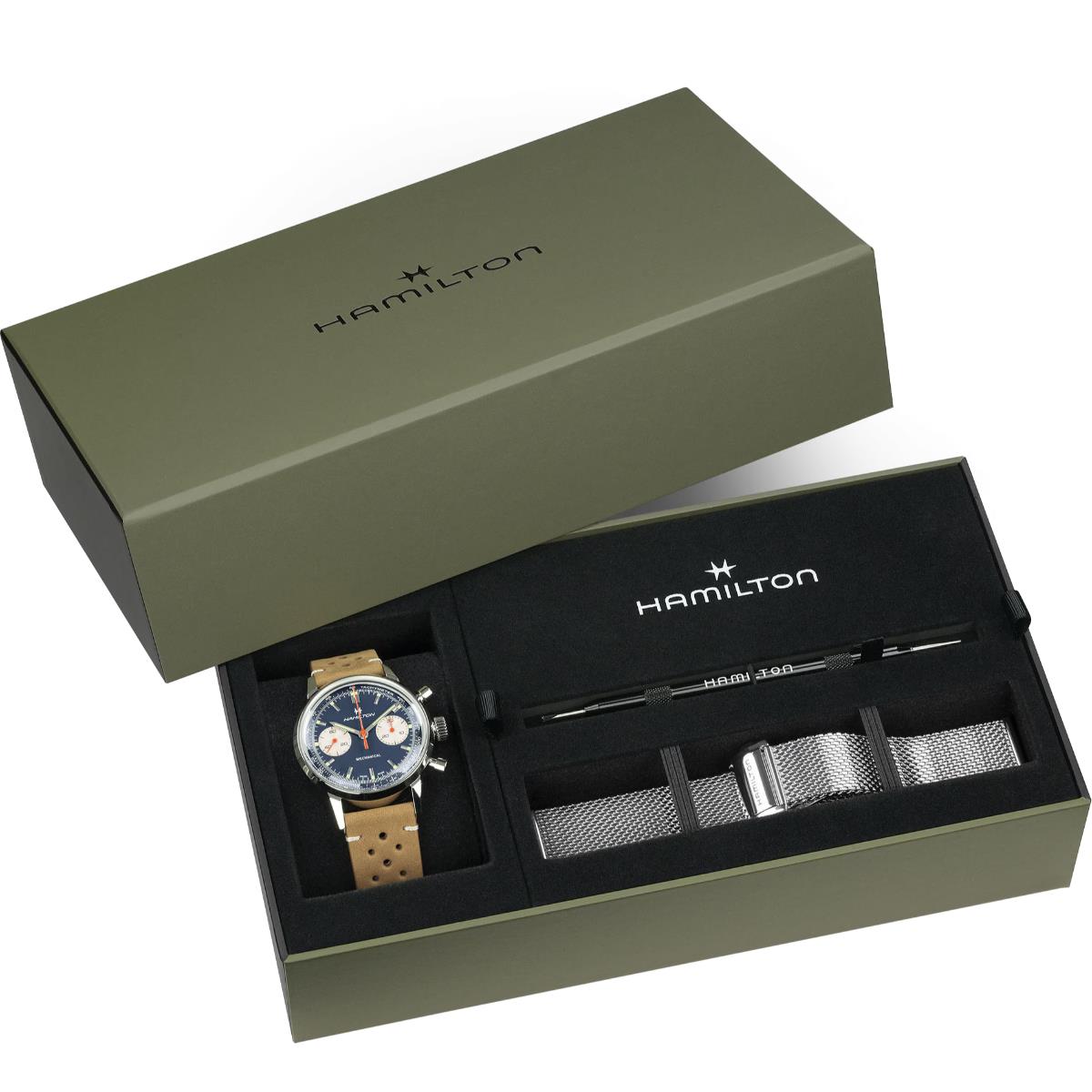 Hamilton American Classic 40mm Chronograph Blue Dial Leather Mens Mechanical Watch H38429541