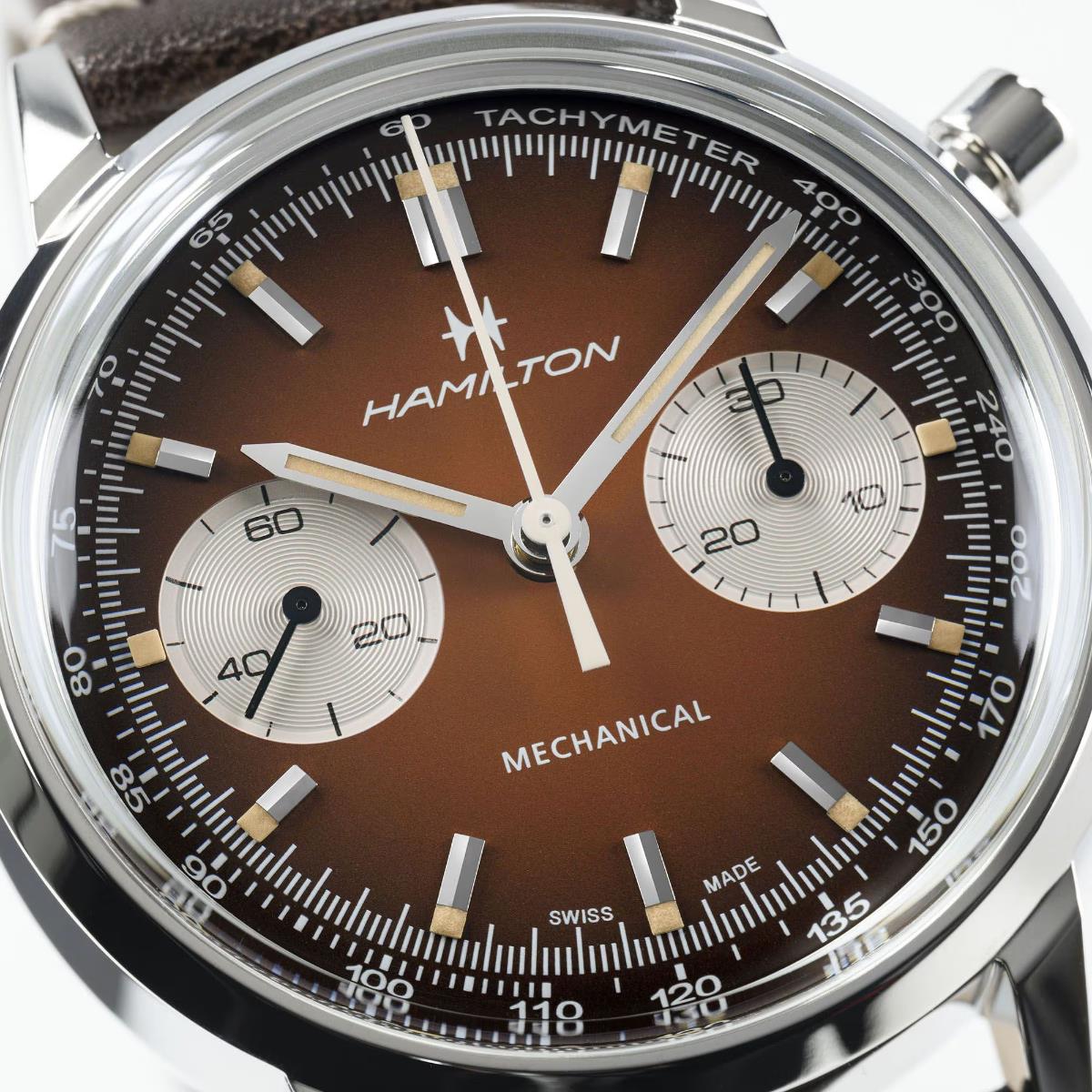 Hamilton H38429591 smoky brown gradient dial with tachymeter scale and sub-dials close-up