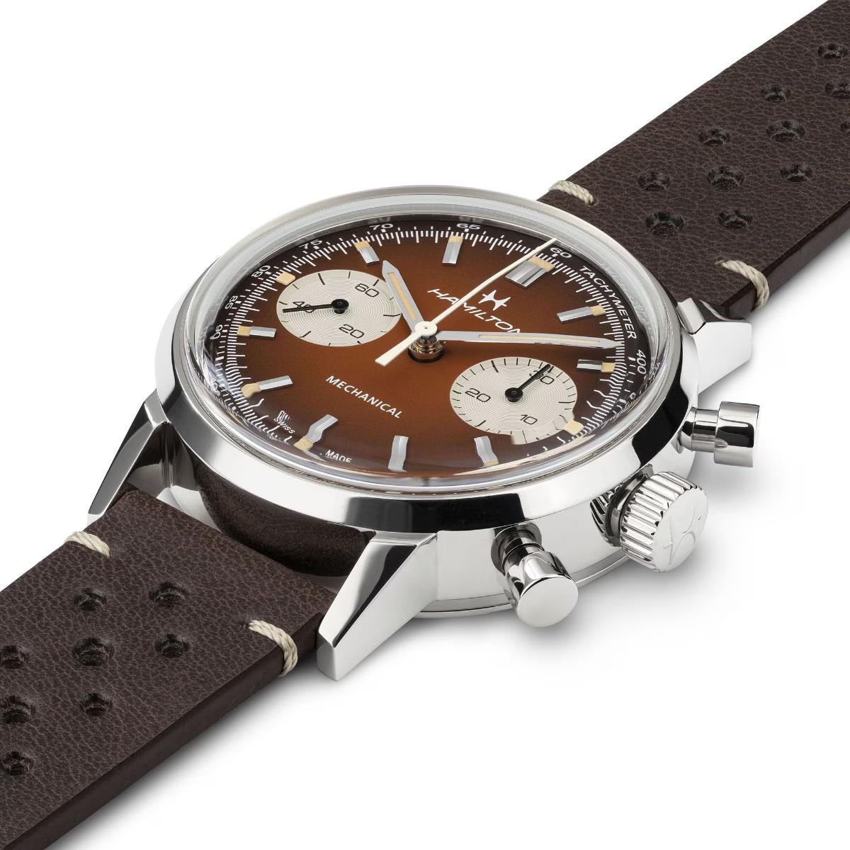 Hamilton American Classic H38429591 Intra-Matic brown chronograph watch with a brown leather strap