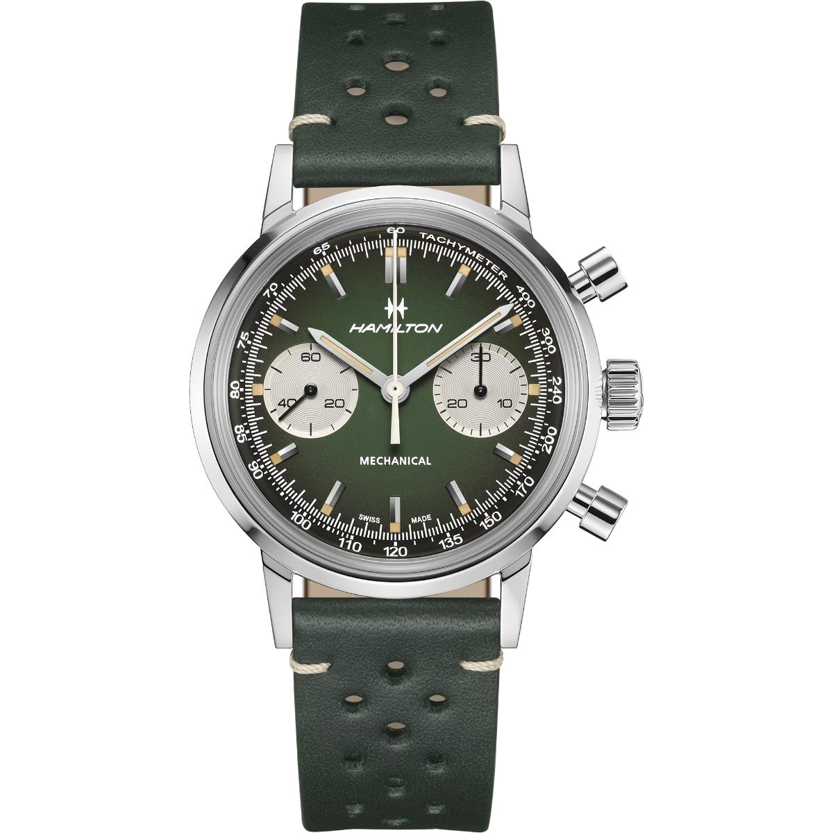 Hamilton American Classic Intra-Matic Chronograph H Green Dial Leather Strap Men's Watch H38429861