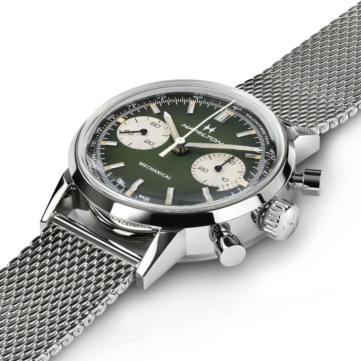 Hamilton American Classic Intra-Matic Chronograph H Green Dial Leather Strap Men's Watch H38429861