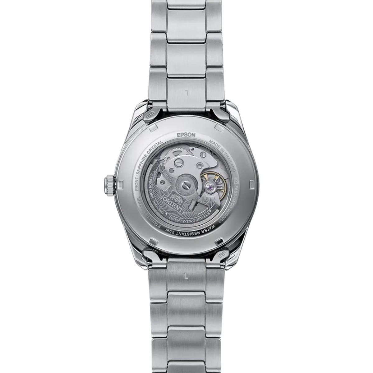 Transparent exhibition caseback showing the automatic movement of an Orient Stretto watch