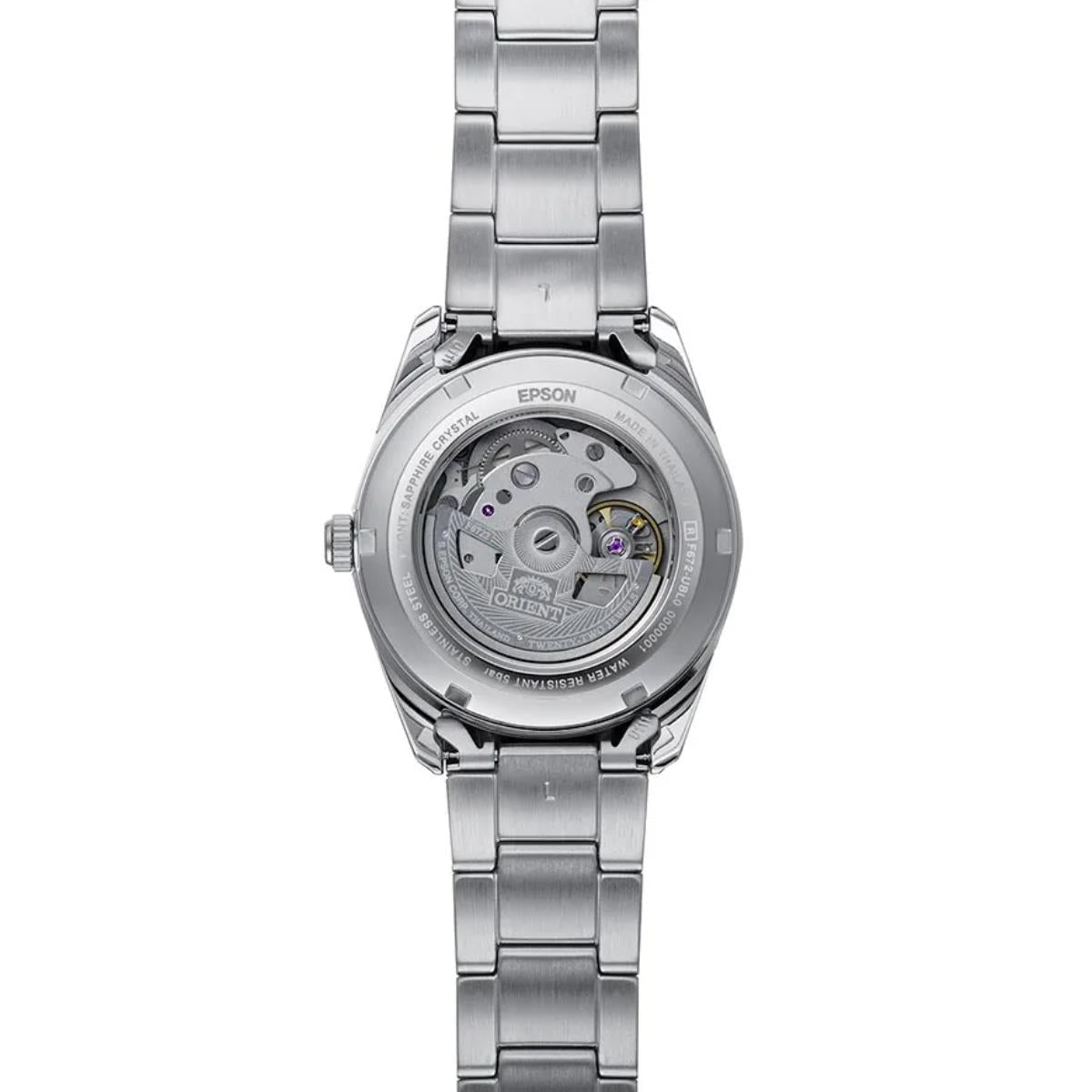 Exhibition caseback of an Orient Stretto automatic watch on a stainless steel bracelet