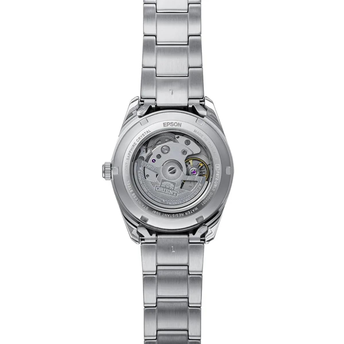 Transparent exhibition caseback showing the automatic movement of an Orient Stretto watch.