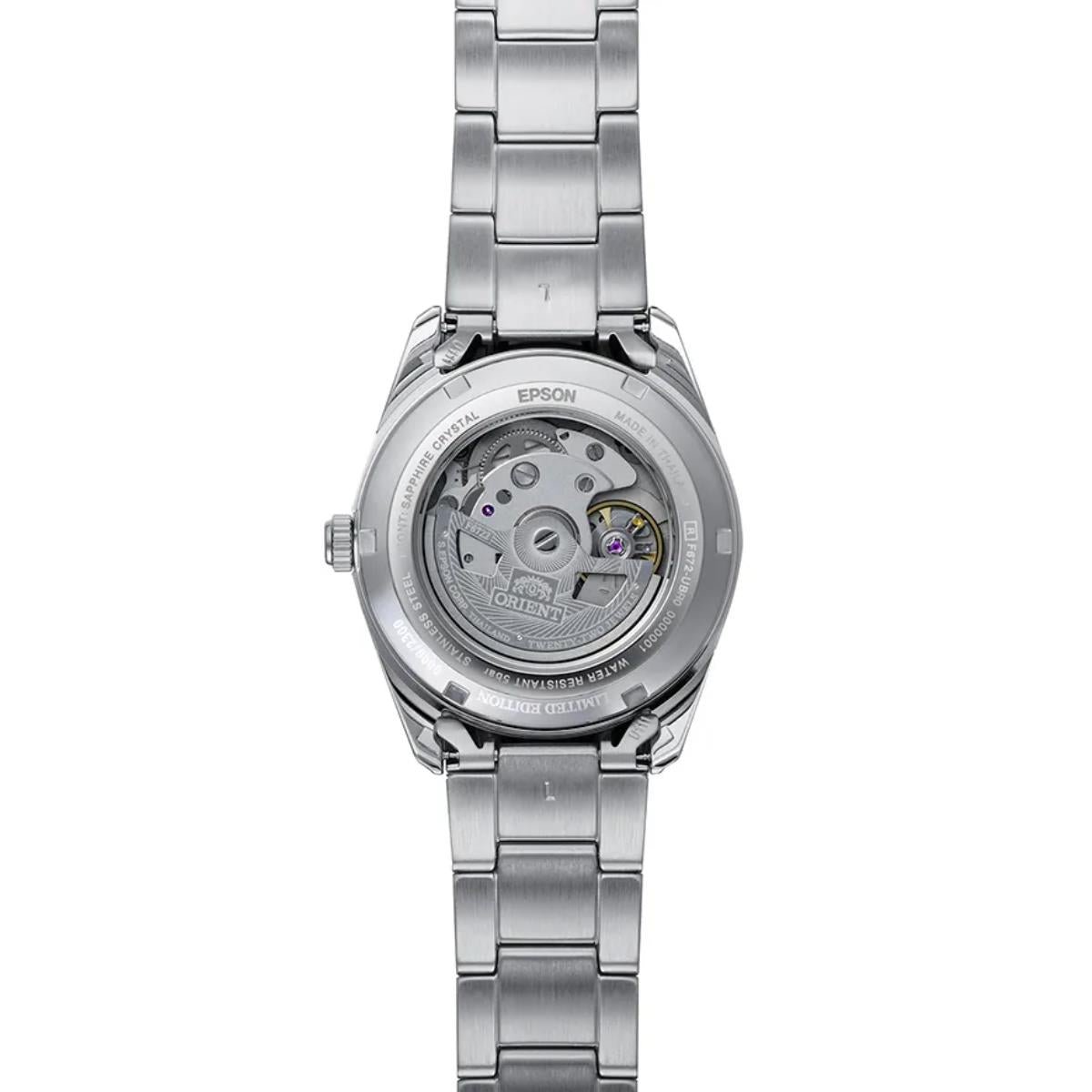 Orient Stretto 38.5mm transparent exhibition caseback showing the automatic movement