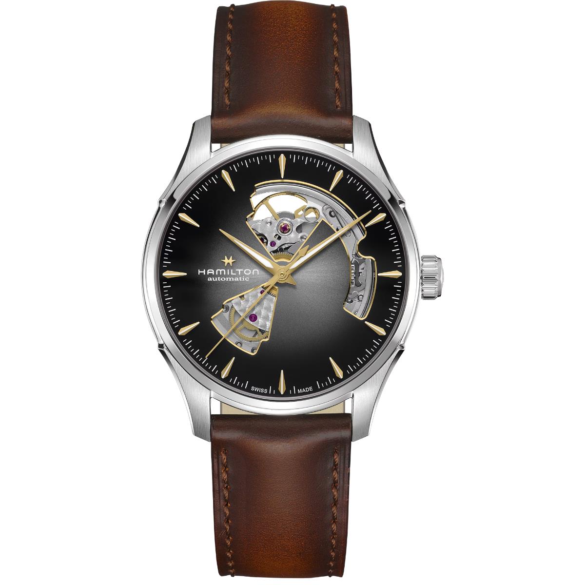 Hamilton Jazzmaster 40mm Open Heart black dial leather automatic watch H32675581 front view 