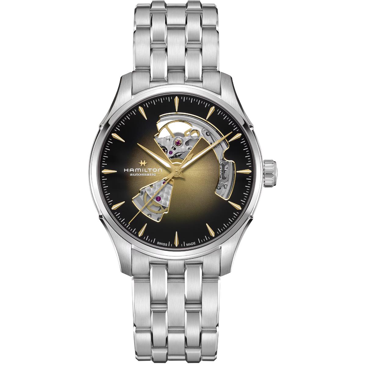 Hamilton Jazzmaster 40mm Open Heart black dial steel bracelet automatic watch H32675101 front view 