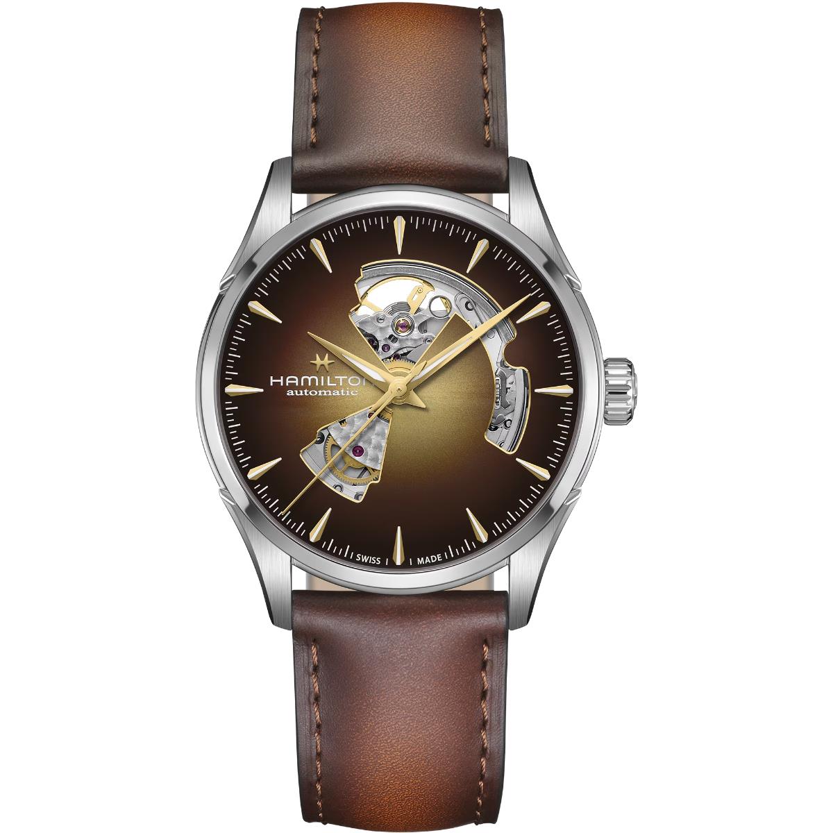 Hamilton Jazzmaster 42mm Open Heart smoky brown dial calf leather automatic watch H32705501 front view