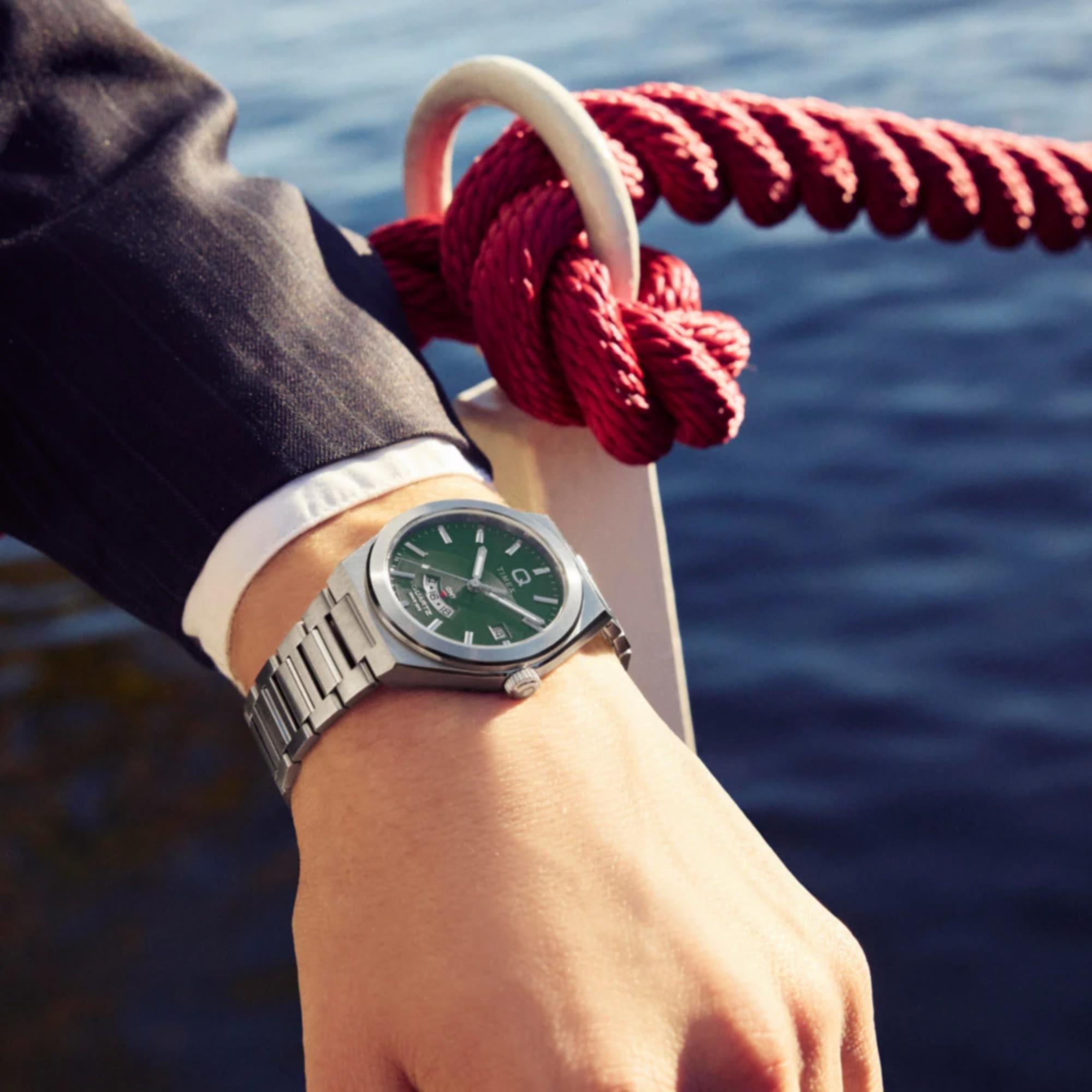 Timex Q Continental GMT Quartz Green Dial Steel Strap Men's Watch TW2Y24800