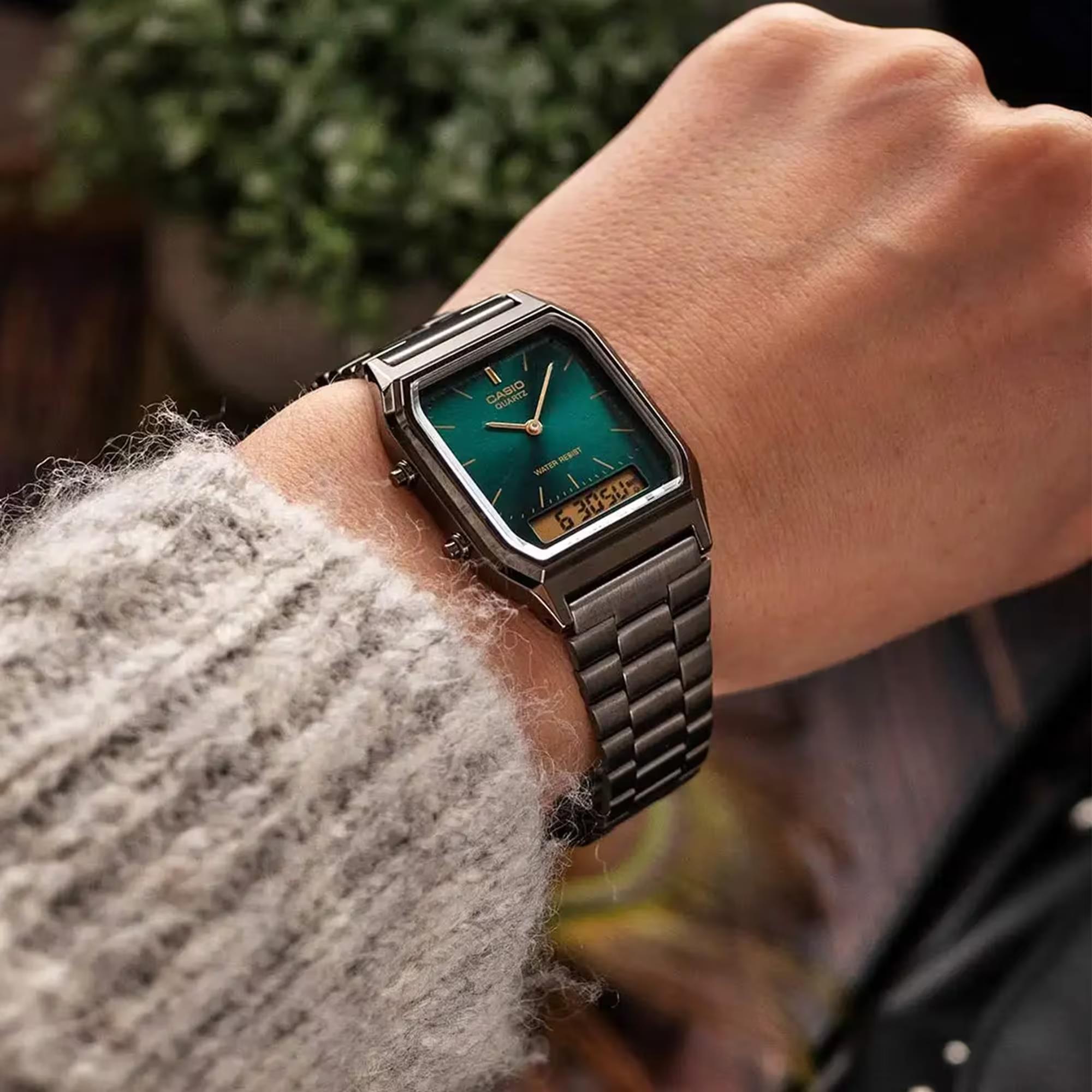 Casio Vintage Green Digi-Analogue Steel Strap Women's Watch AQ-230EGG-3AEF