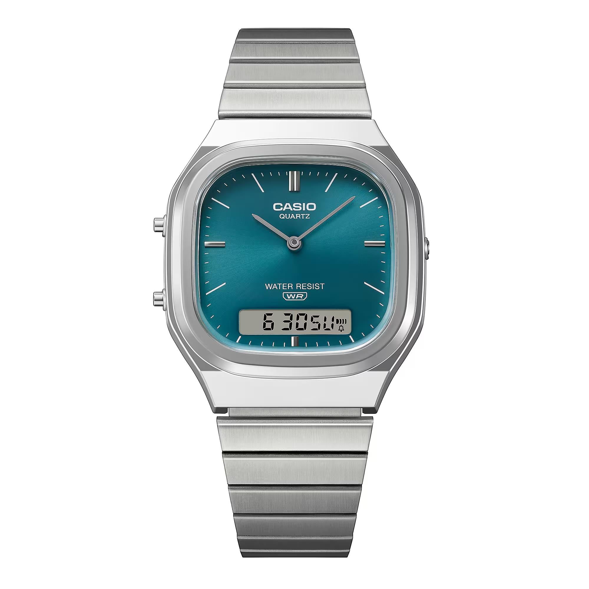 Casio Vintage Quartz Green Digi-Analogue Steel Strap Watch AQ-240E-3AEF