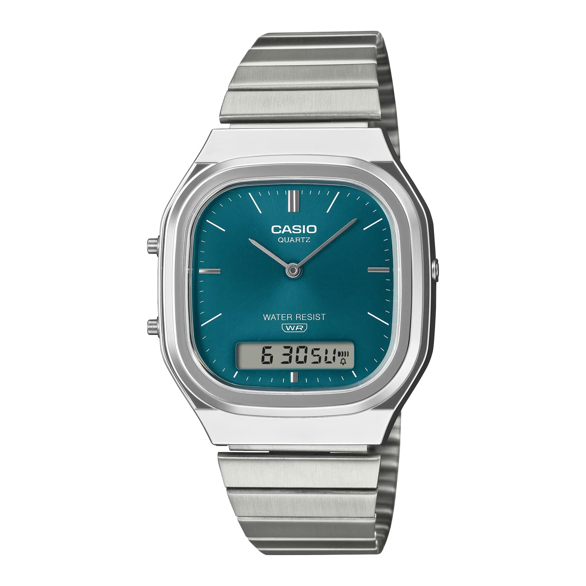 Casio Vintage Quartz Green Digi-Analogue Steel Strap Watch AQ-240E-3AEF