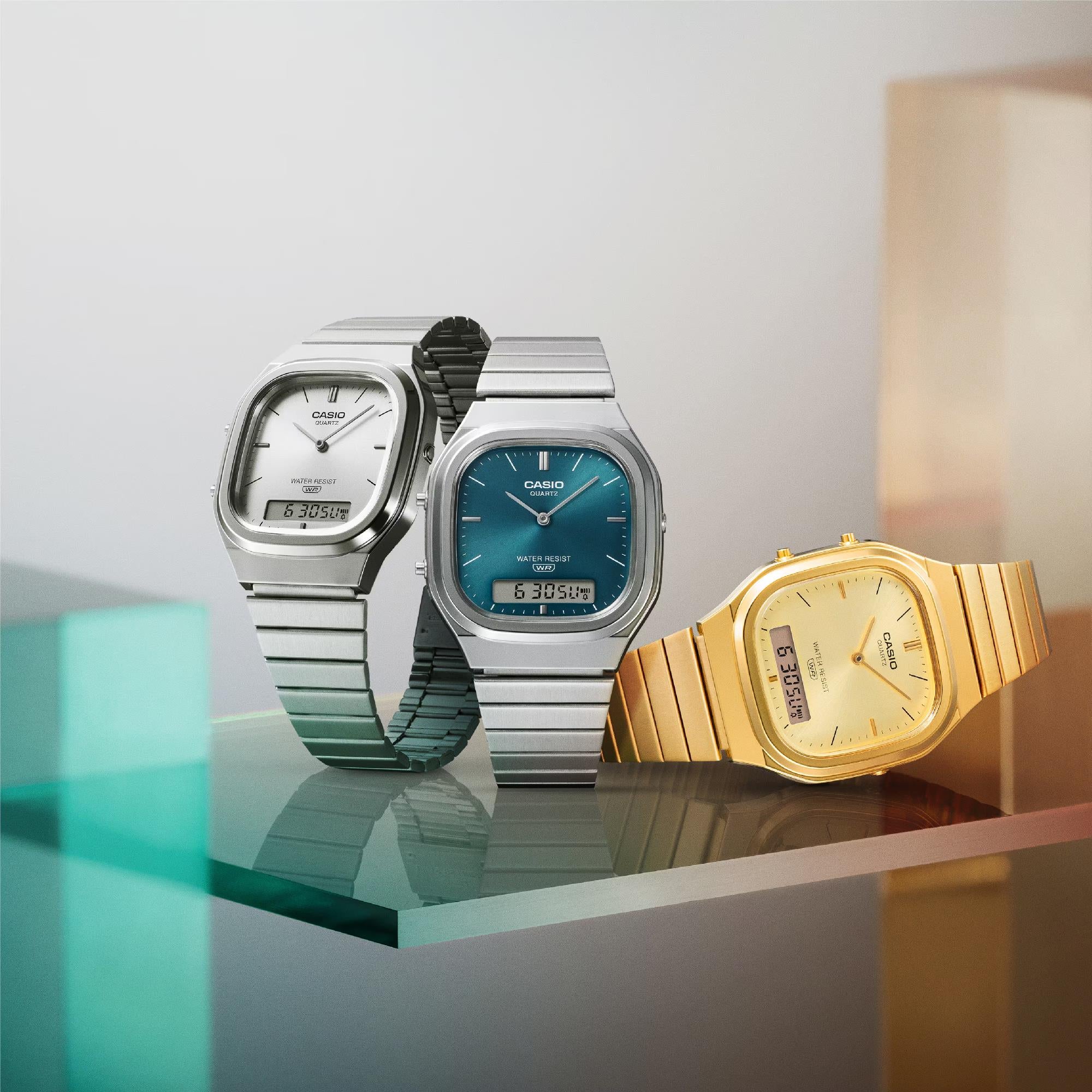 Casio Vintage Quartz Silver Digi-Analogue Steel Strap Watch AQ-240E-7AEF
