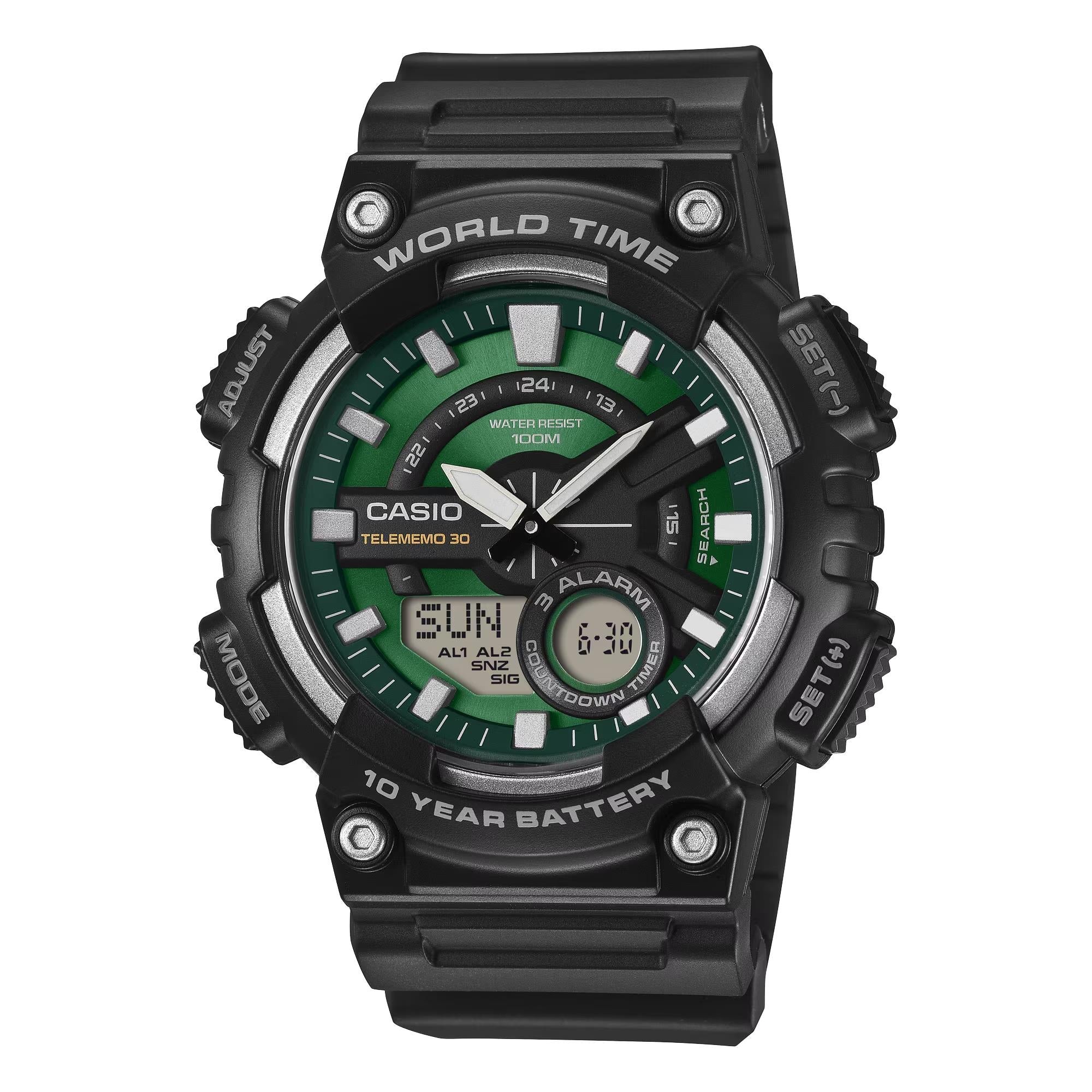 Casio Green Face Series Digi-Analogue Resin Strap Men's Watch AEQ-110W-3A2VEF