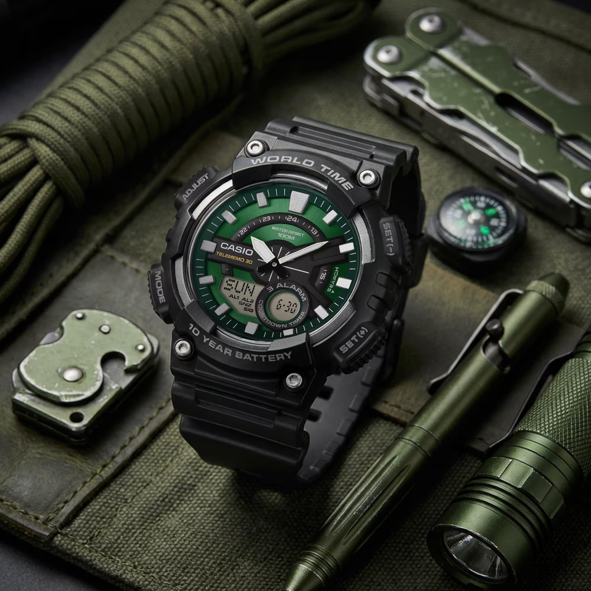 Casio Green Face Series Digi-Analogue Resin Strap Men's Watch AEQ-110W-3A2VEF