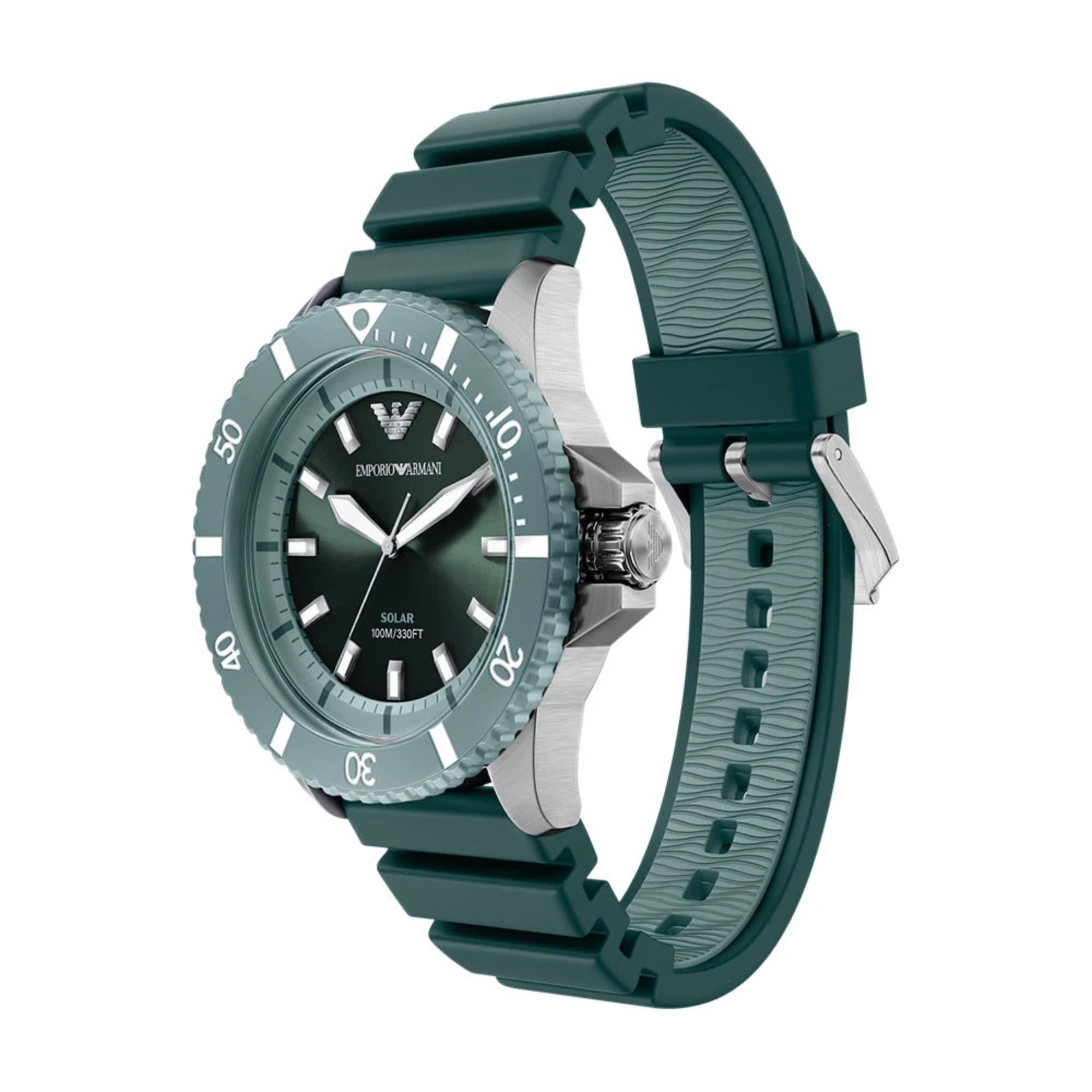 Emporio Armani World Explorer 42mm Green Dial Silicone Mens Quartz Watch AR11786
