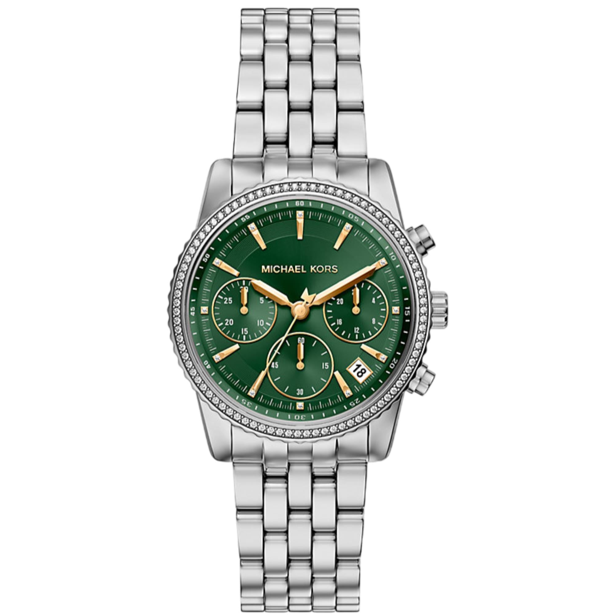 Michael Kors Bryant Pave Chronograph Green Dial Steel Strap Women's Watch MK7583