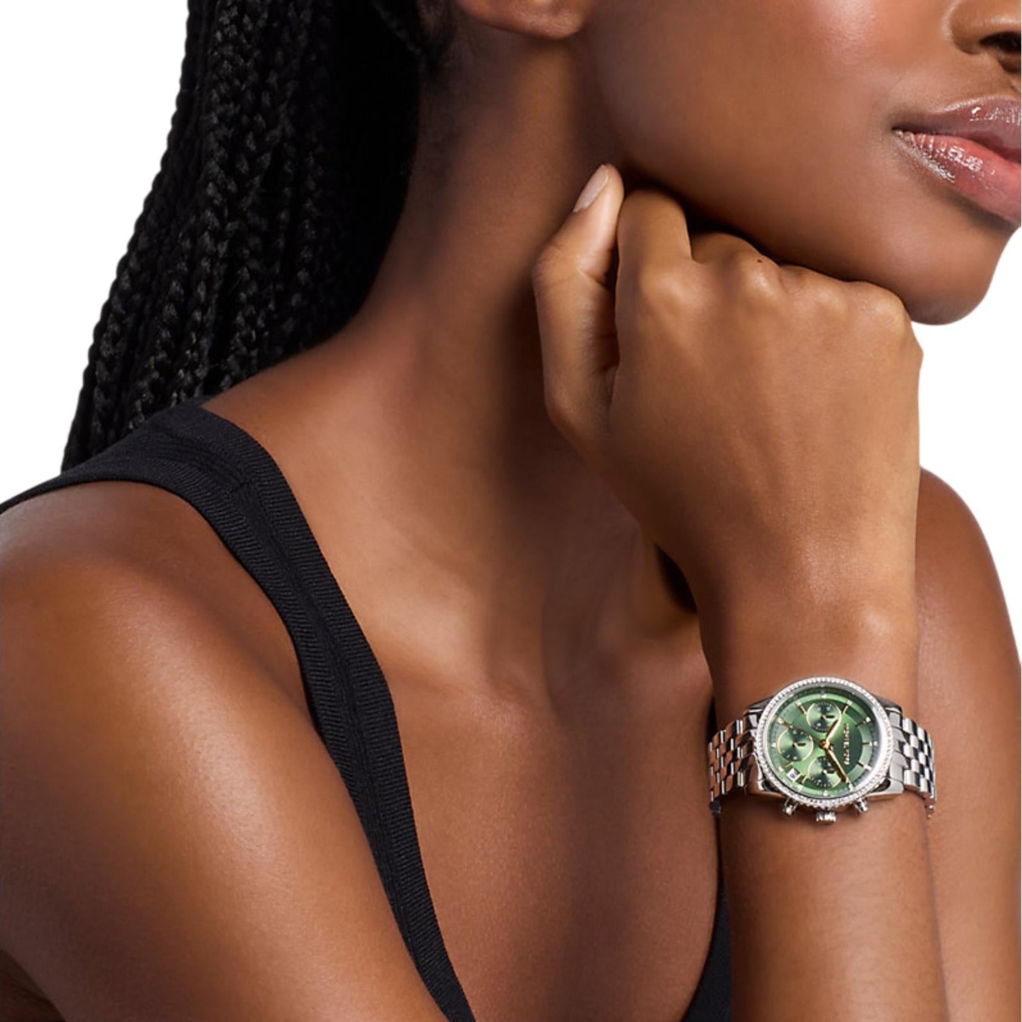 Michael Kors Bryant Pave Chronograph Green Dial Steel Strap Women's Watch MK7583