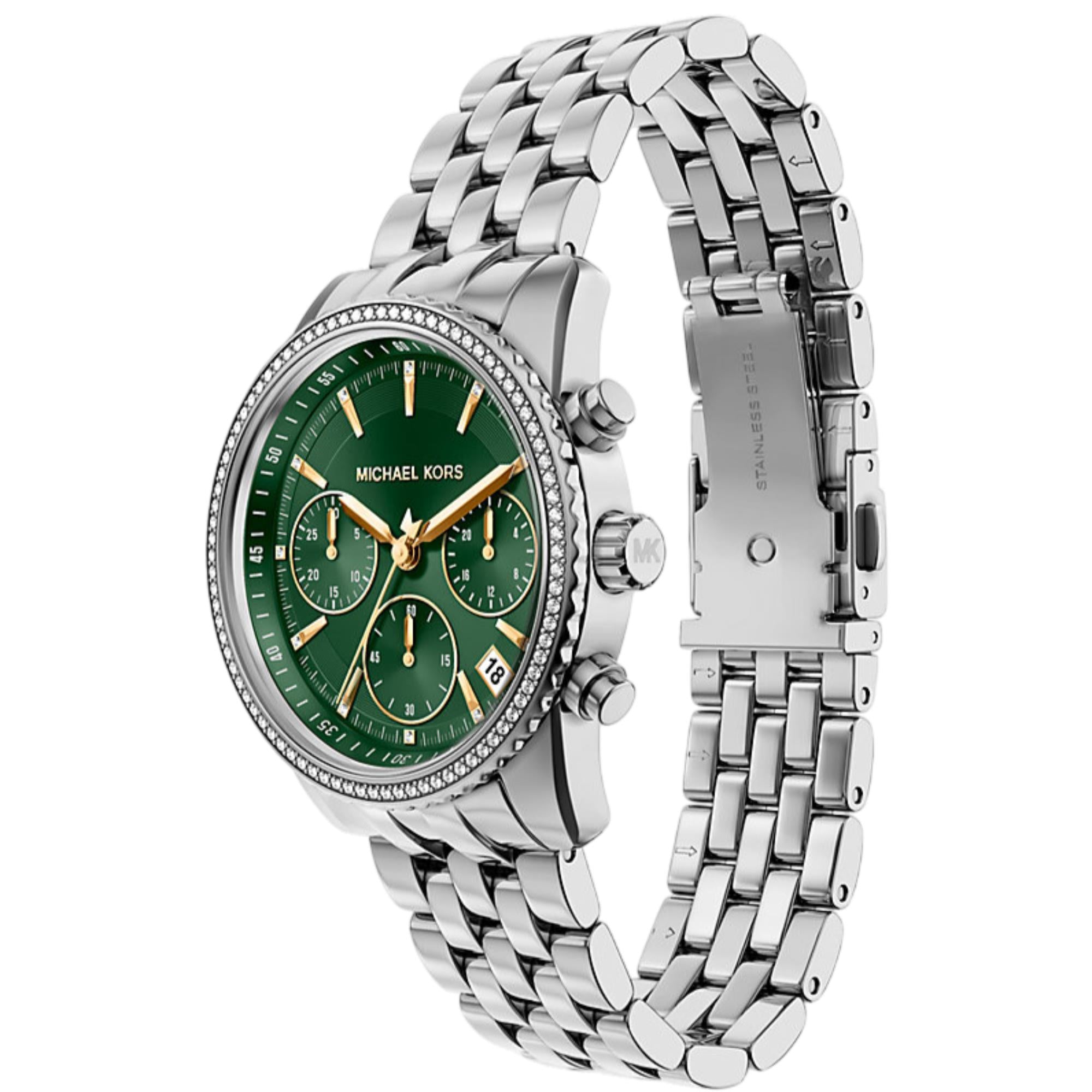 Michael Kors Bryant Pave Chronograph Green Dial Steel Strap Women's Watch MK7583
