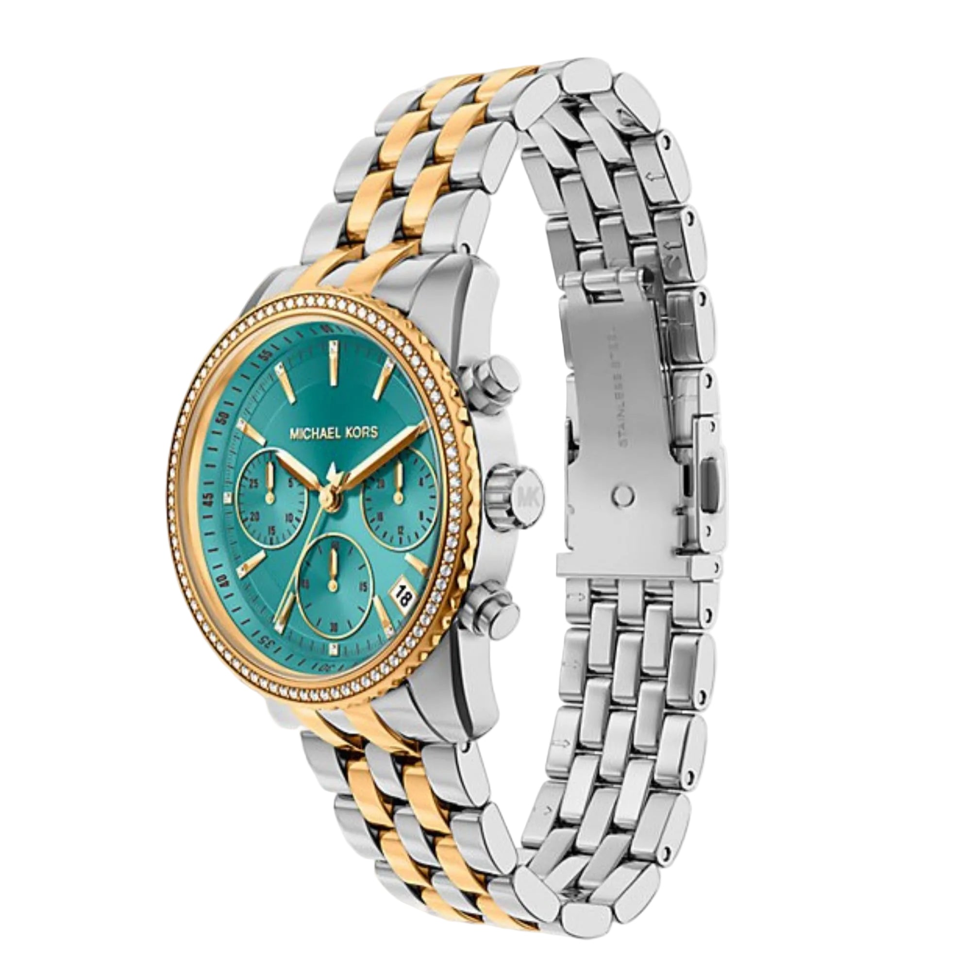 Michael Kors Bryant Pave Chronograph Blue Dial Steel Strap Women's Watch MK7582