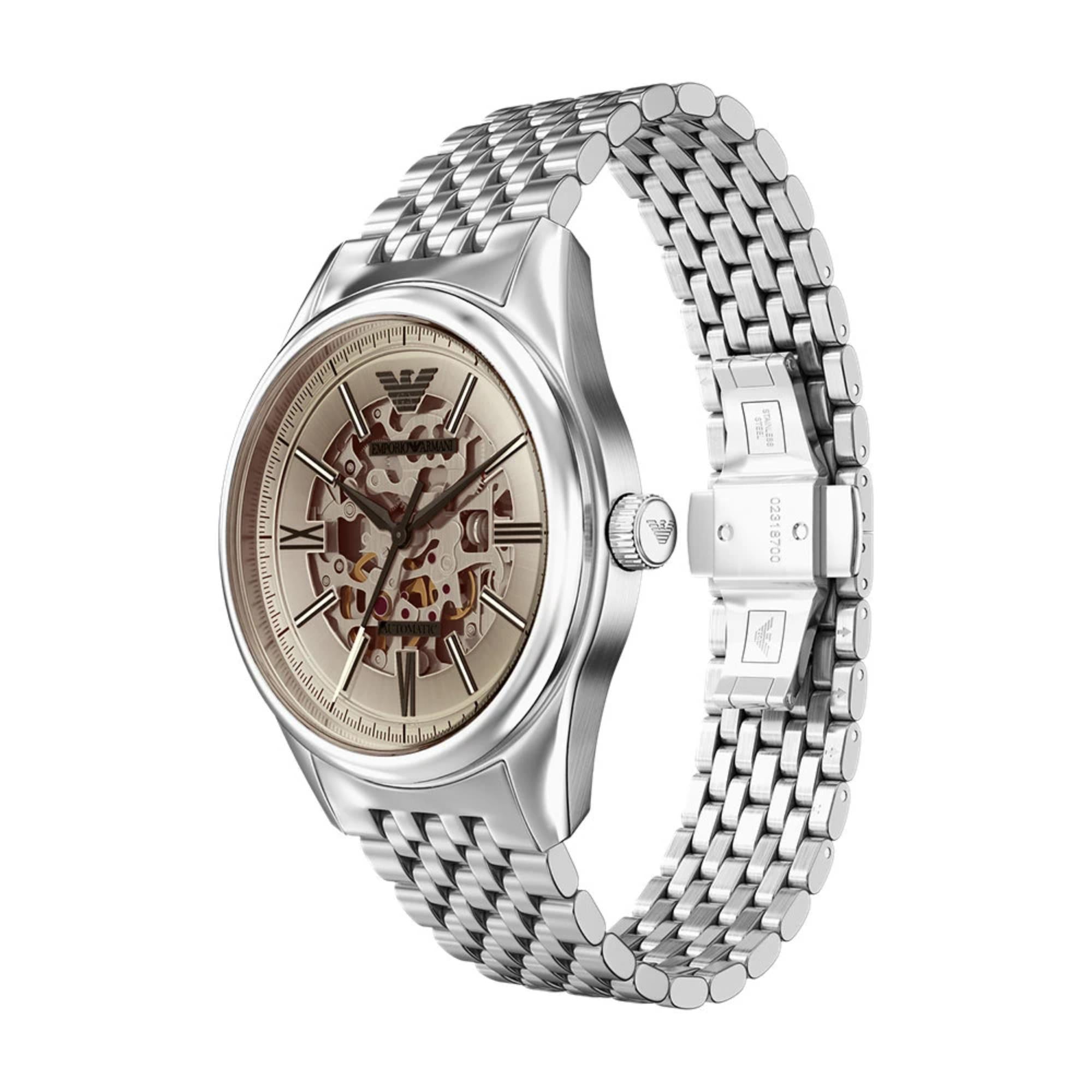 Emporio Armani Skeleton Automatic Silver Dial Steel Strap Men's Watch AR60095