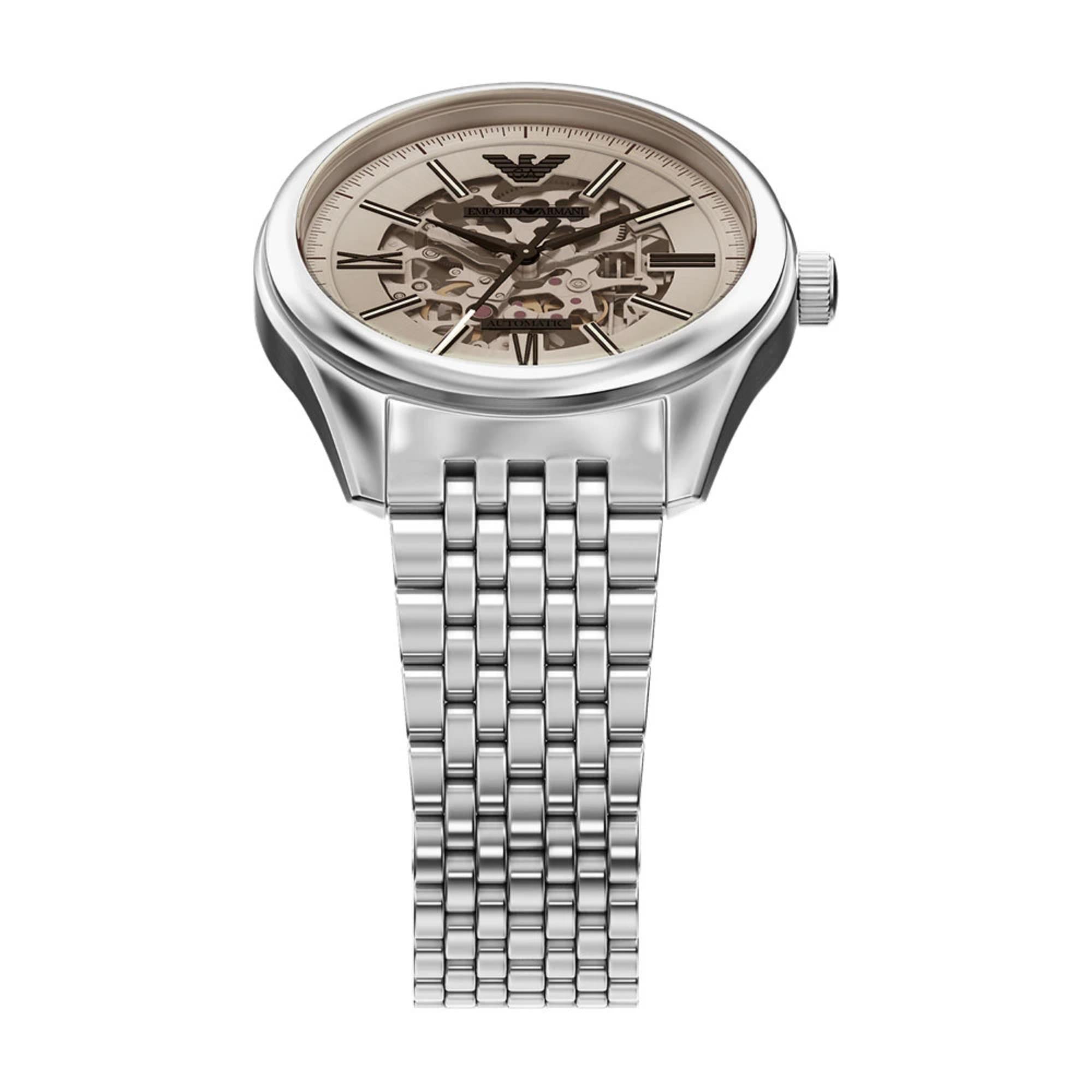 Emporio Armani Skeleton Automatic Silver Dial Steel Strap Men's Watch AR60095