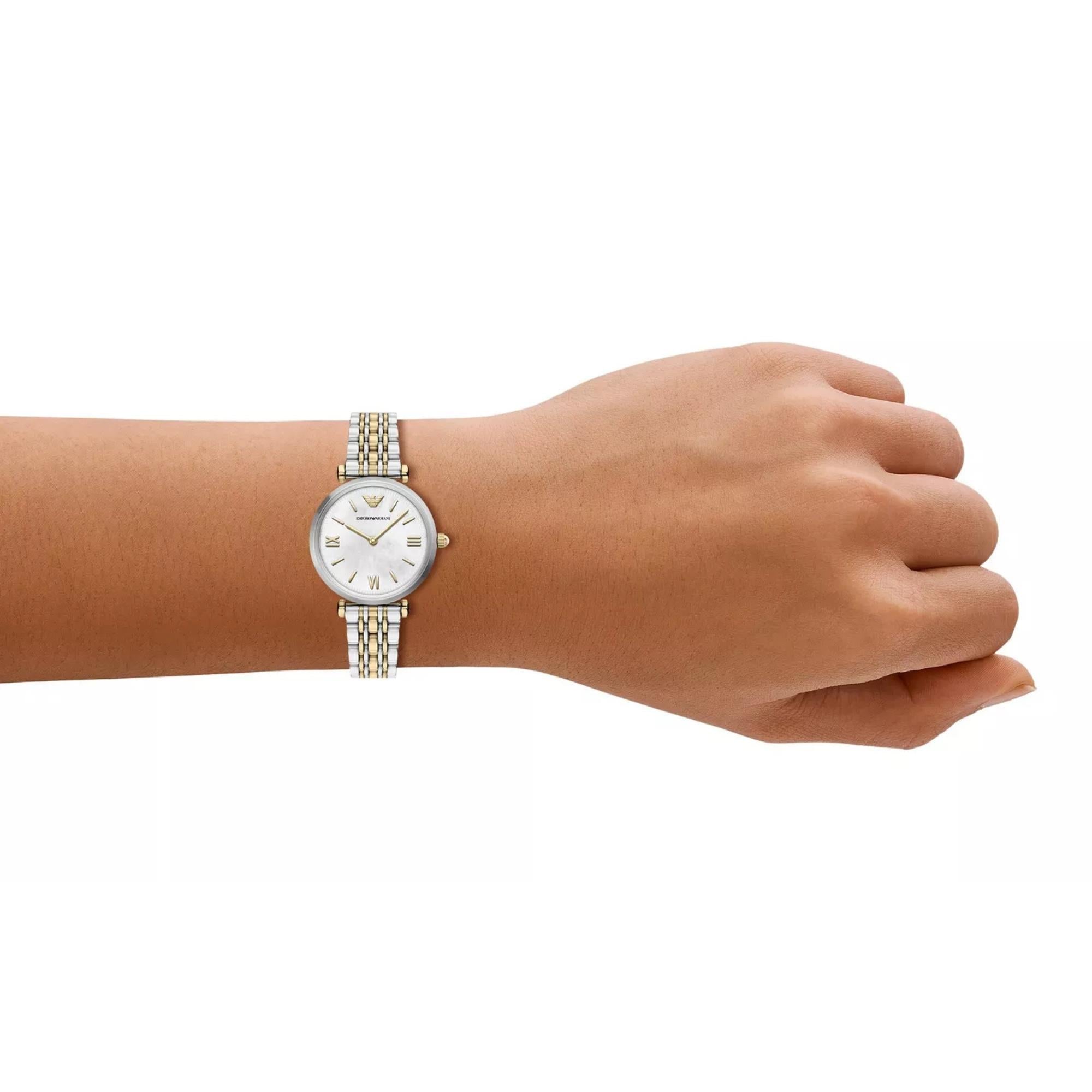 Emporio Armani Gianni T-Bar 28mm White Mother of Pearl Dial Steel Ladies Quartz Watch AR11769