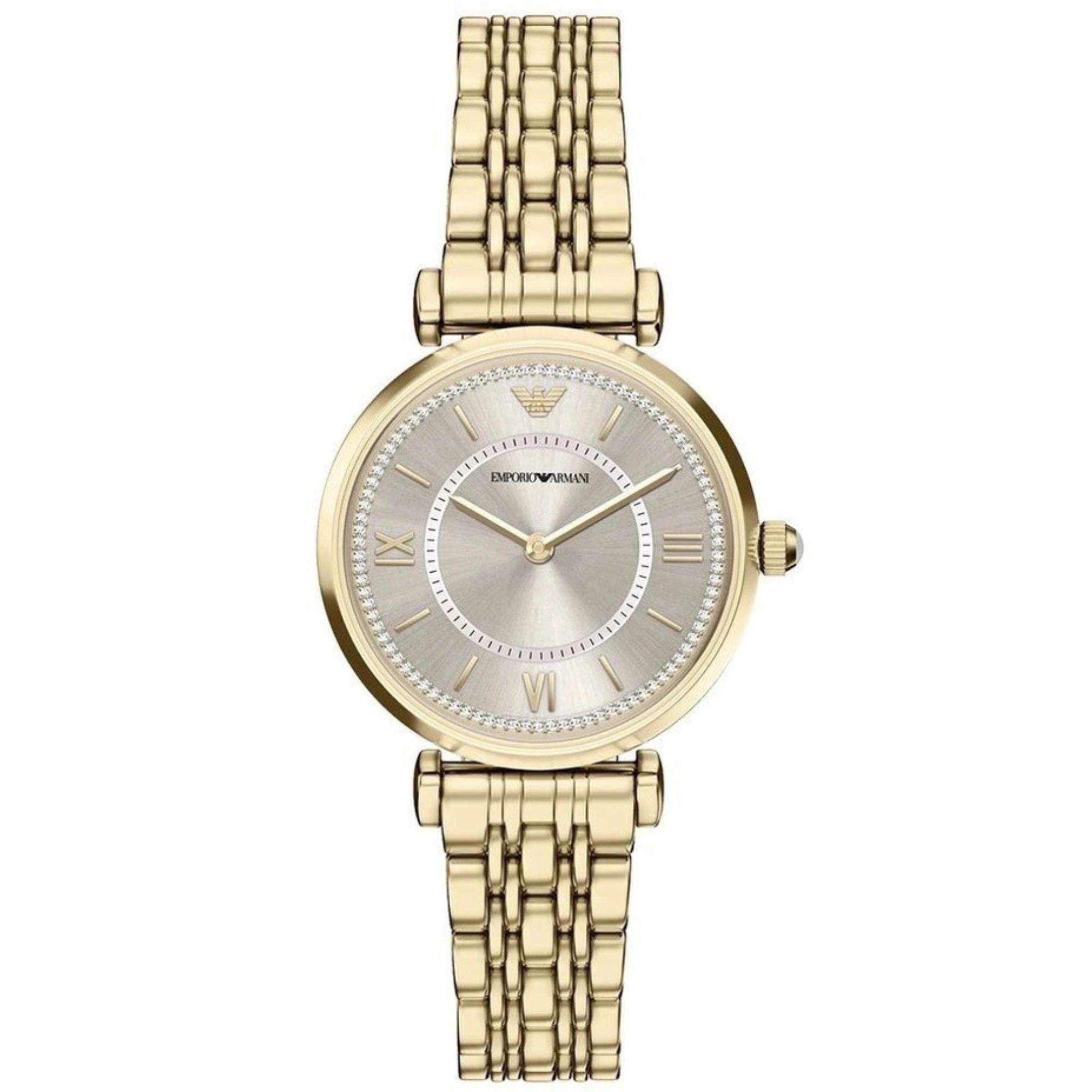 Emporio Armani Gianni T-Bar 32mm Beige Gold Dial Steel Ladies Quartz Watch AR11766