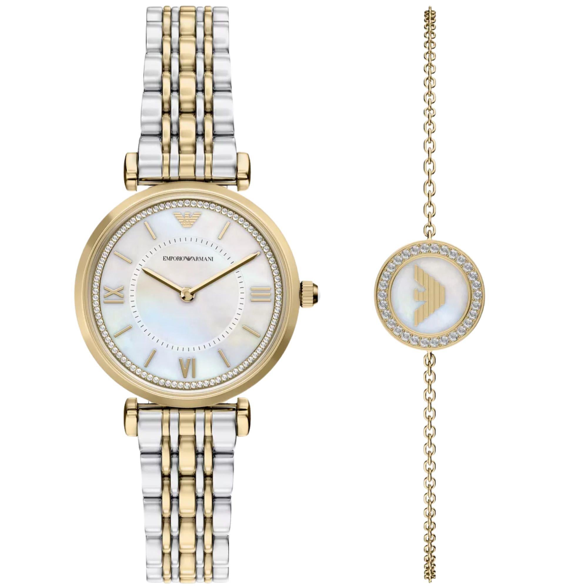 Emporio Armani Gianni T-Bar 32mm White Mother of Pearl Dial Steel Quartz Watch Set AR80086SET