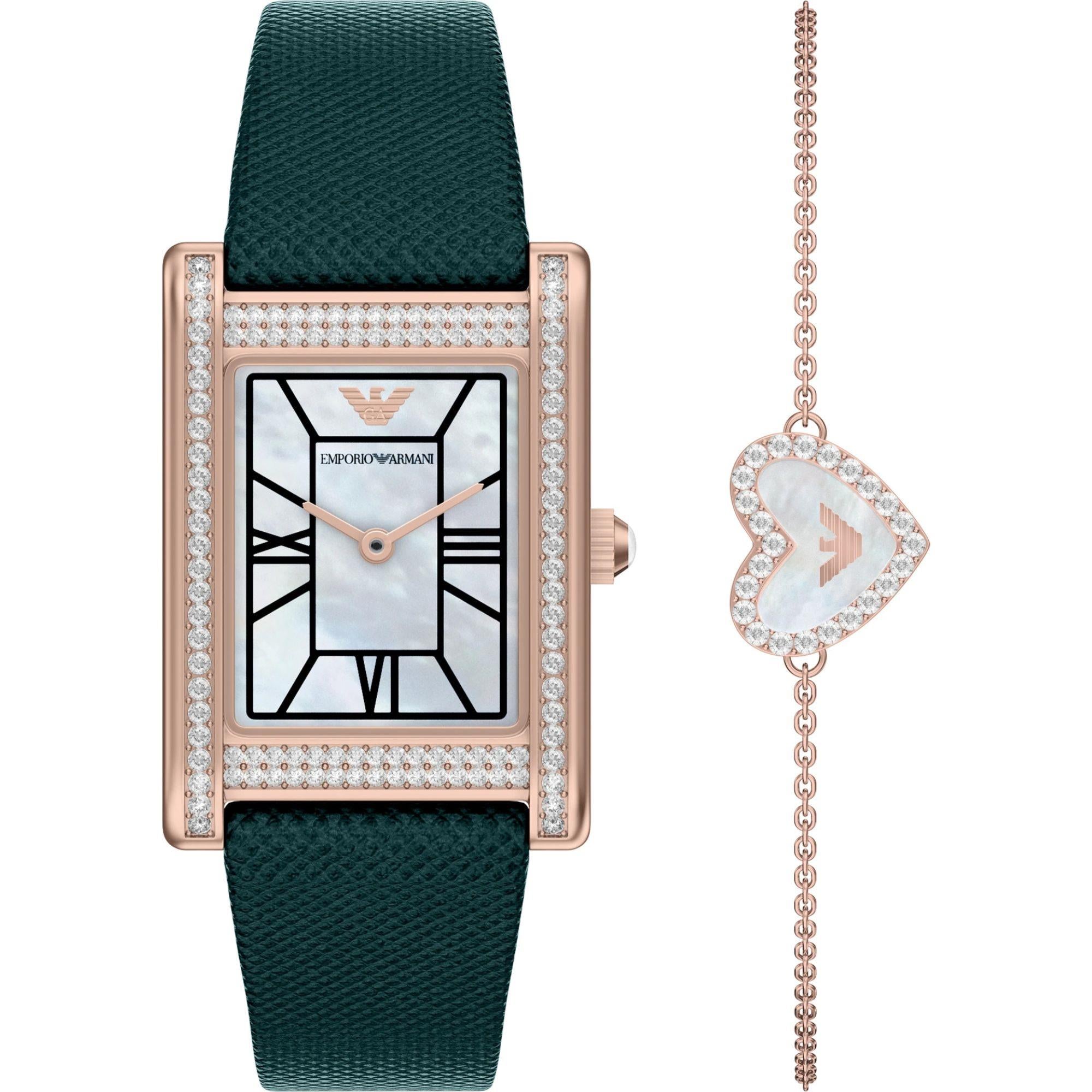 Emporio Armani Gianni T-Bar 32mm White Mother of Pearl Dial Leather Ladies Quartz Watch Set AR80085SET