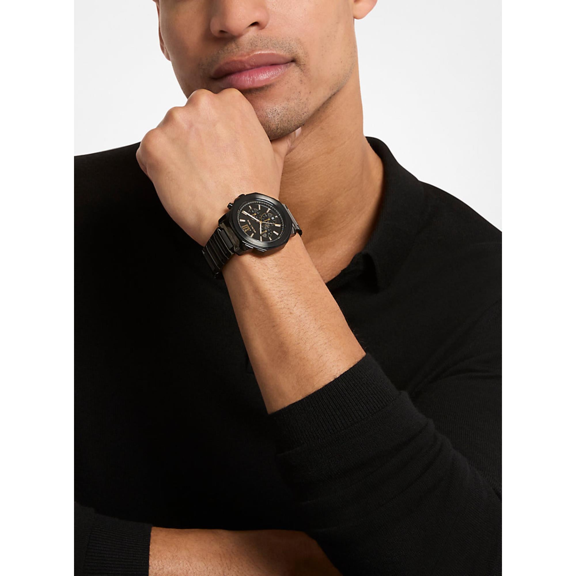 Michael Kors Oversized Prescott Chronograph Black Dial Steel Strap Men's Watch MK9252