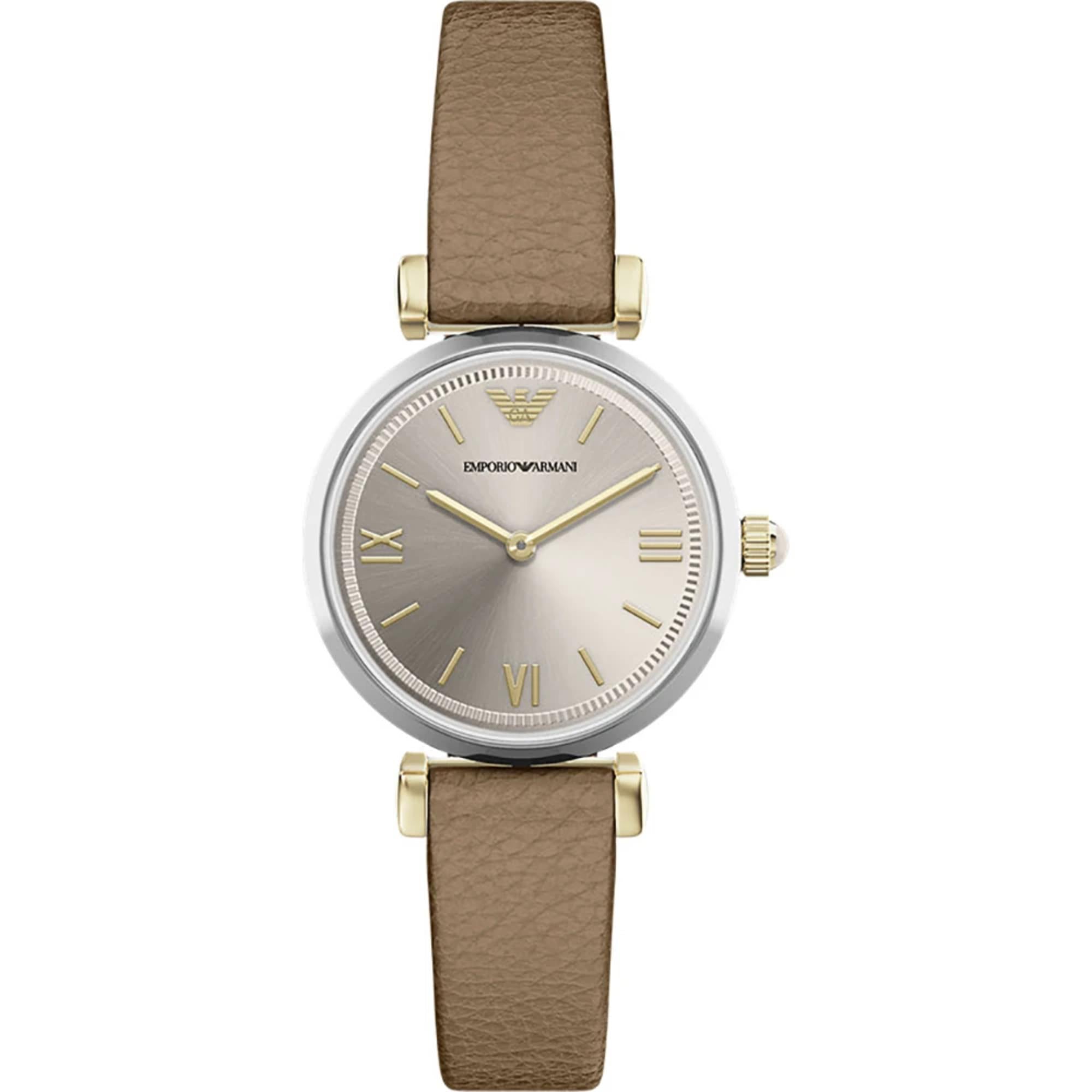 Emporio Armani Champagne Dial Leather Strap Women's Watch AR11770