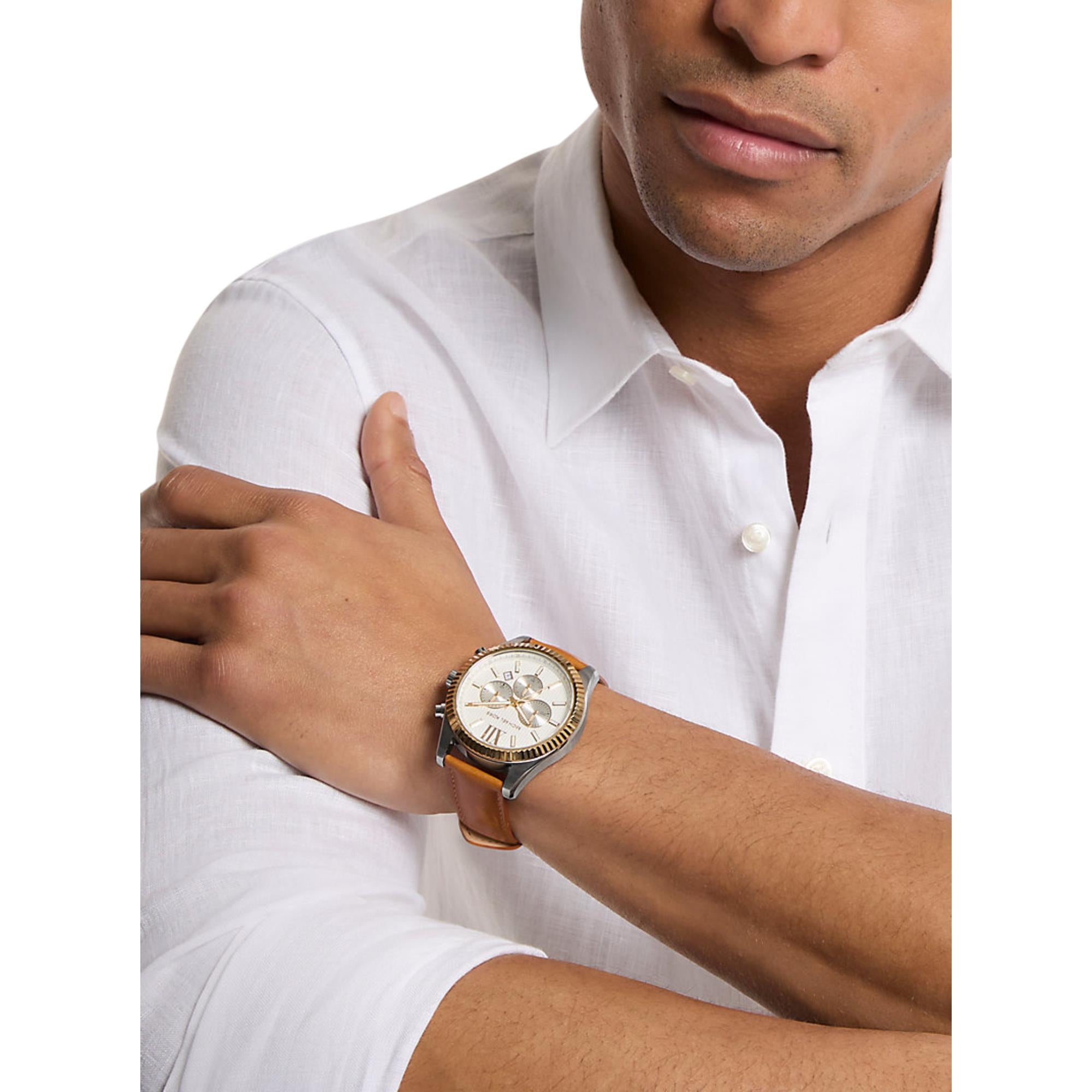 Michael Kors Lexington 45mm Chronograph Silver Dial Leather Mens Quartz Watch MK9257