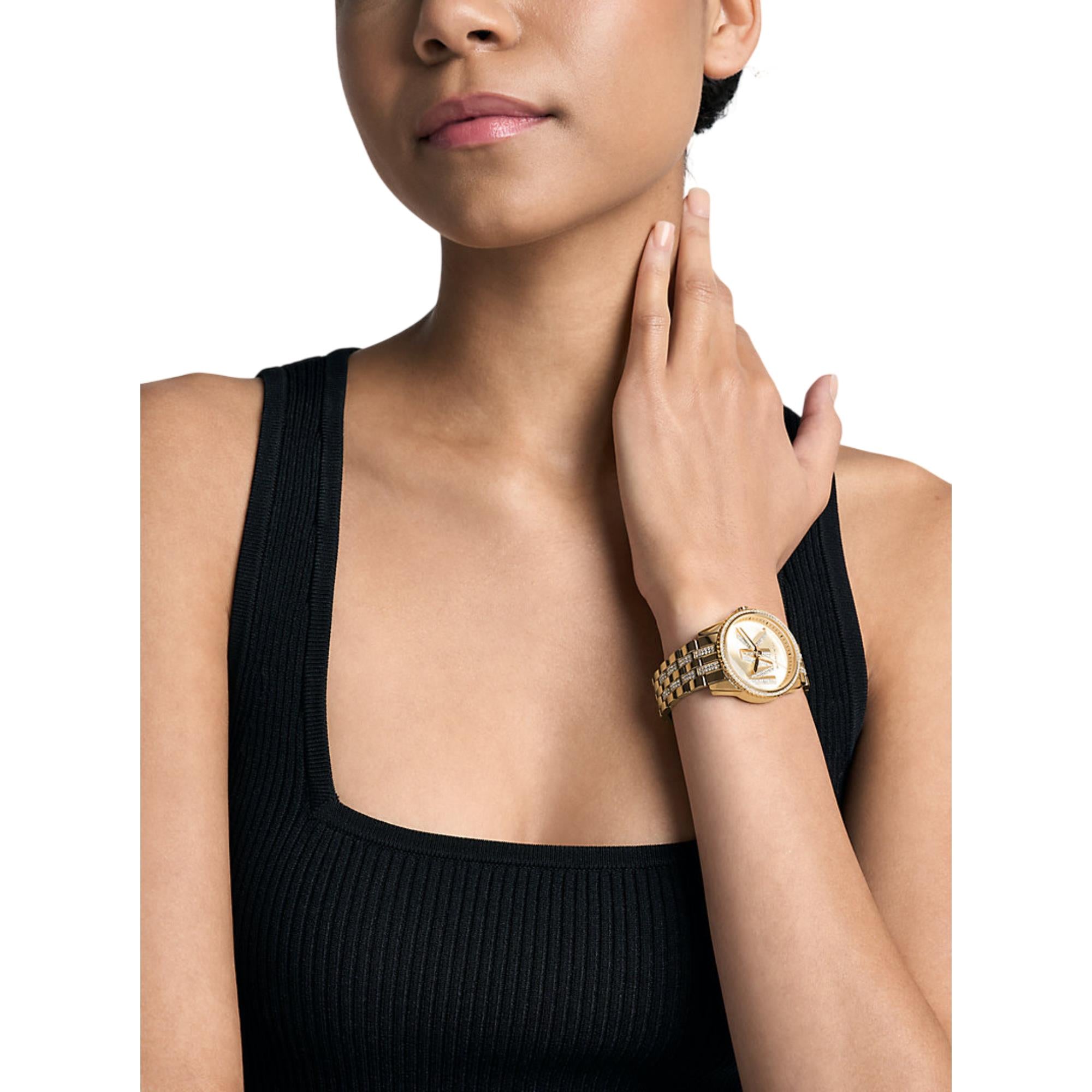 Michael Kors Mini Bryant Pave Logo Gold Dial Steel Strap Women's Watch MK7540