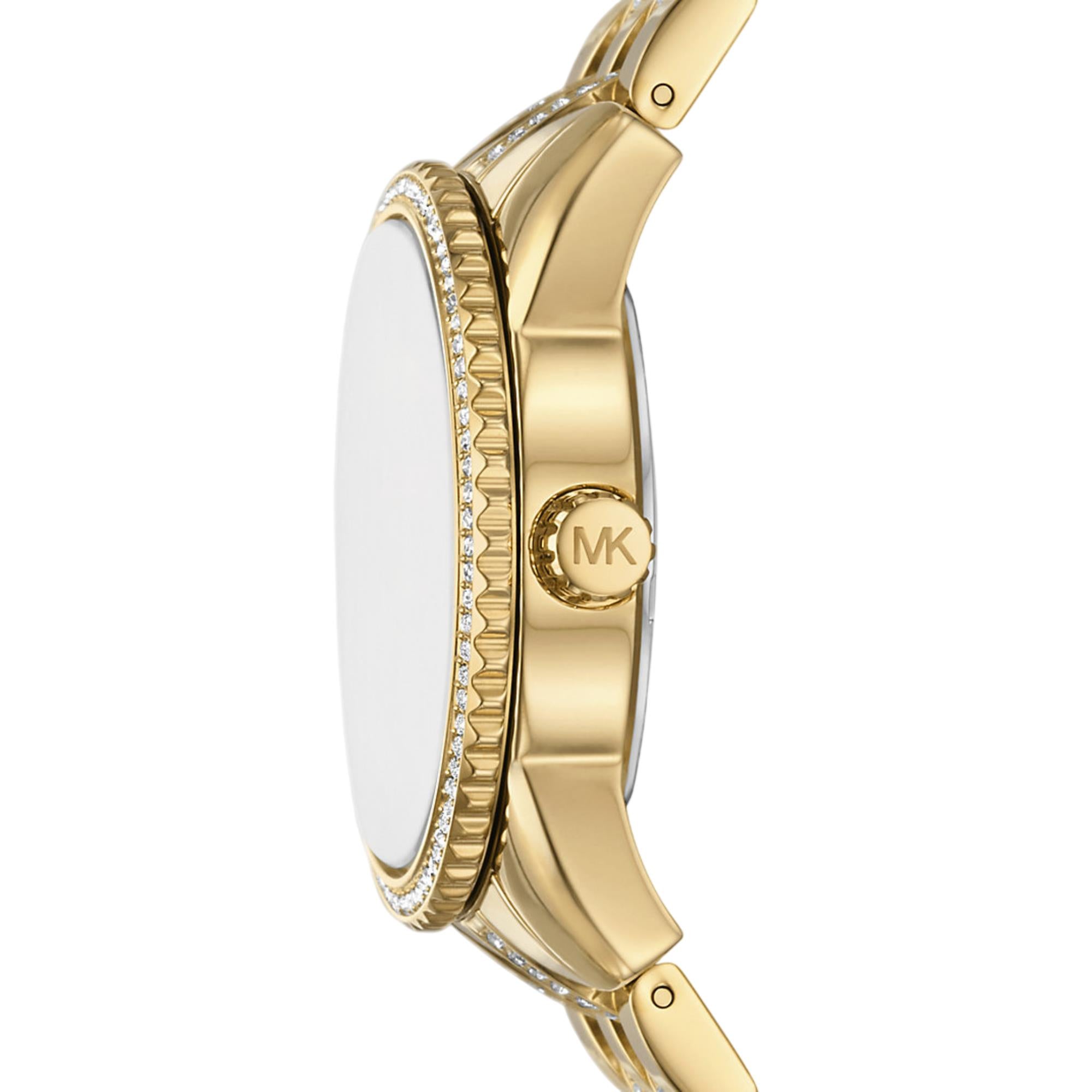 Michael Kors Mini Bryant Pave Logo Gold Dial Steel Strap Women's Watch MK7540