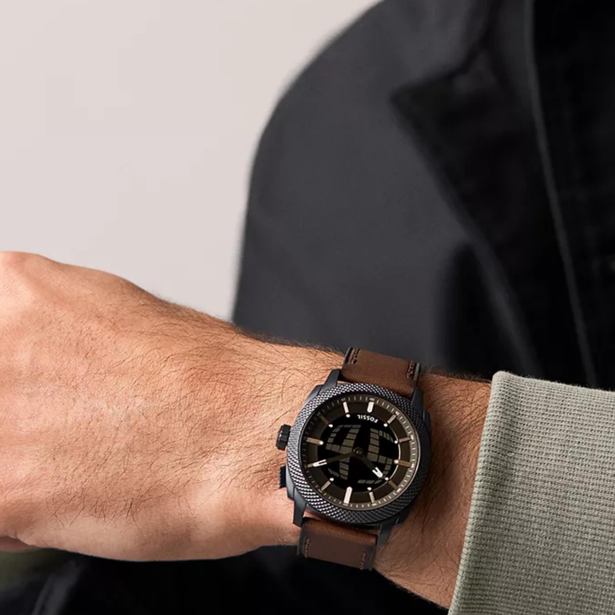 Fossil Machine 41mm Black Dial Leather Mens Digi-Analogue Watch FS6165