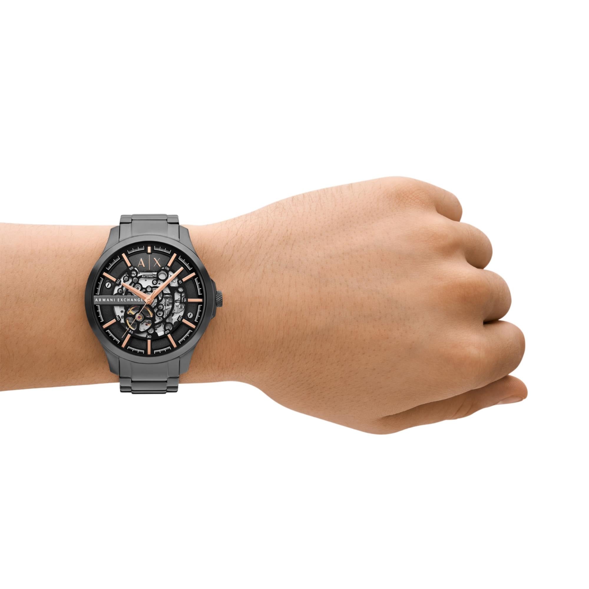 Armani Exchange Hampton 46mm Skeleton Black Dial Steel Mens Quartz Watch AX2458