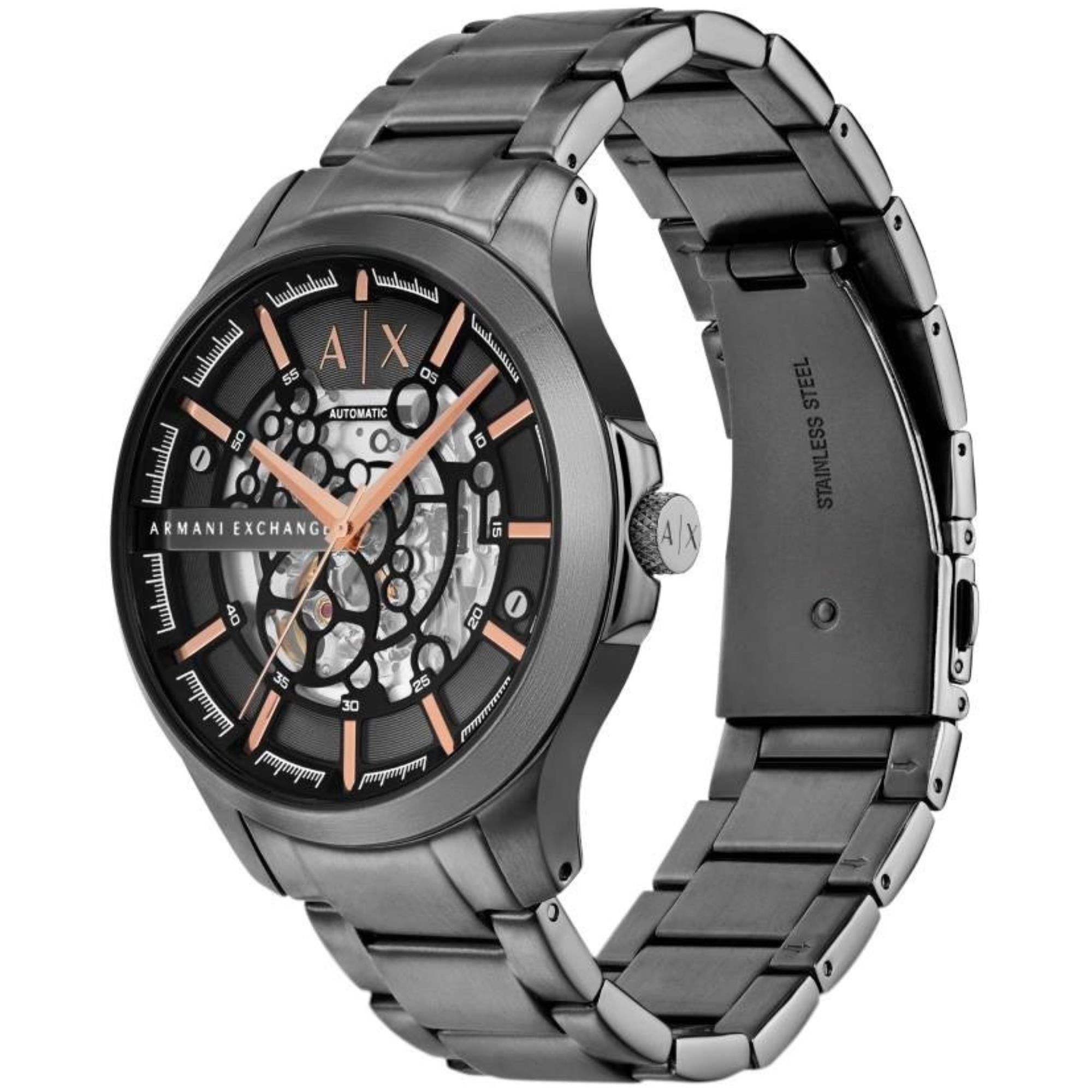Armani Exchange Hampton 46mm Skeleton Black Dial Steel Mens Quartz Watch AX2458