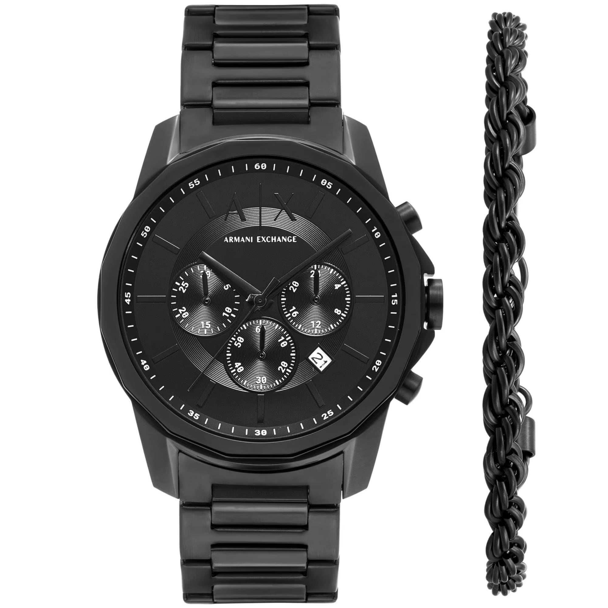 Armani Exchange Banks Chronograph Black Dial Steel Strap Men's Watch and Bracelet AX7163SET