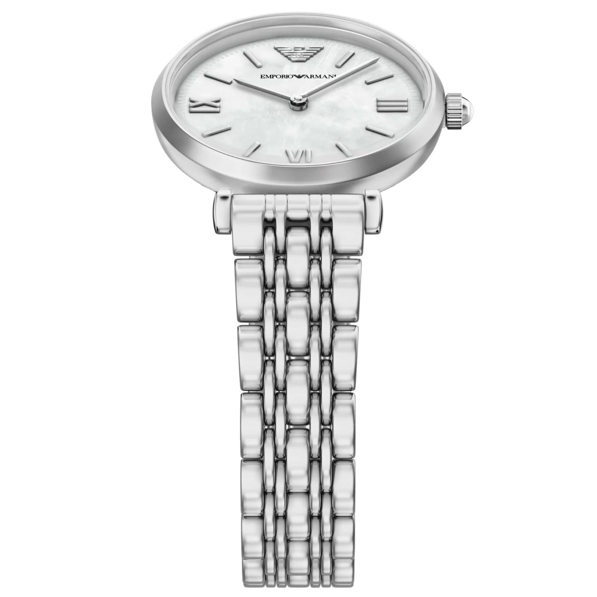 Emporio Armani Gianni T-Bar 28mm White Mother of Pearl Dial Steel Ladies Quartz Watch AR11768