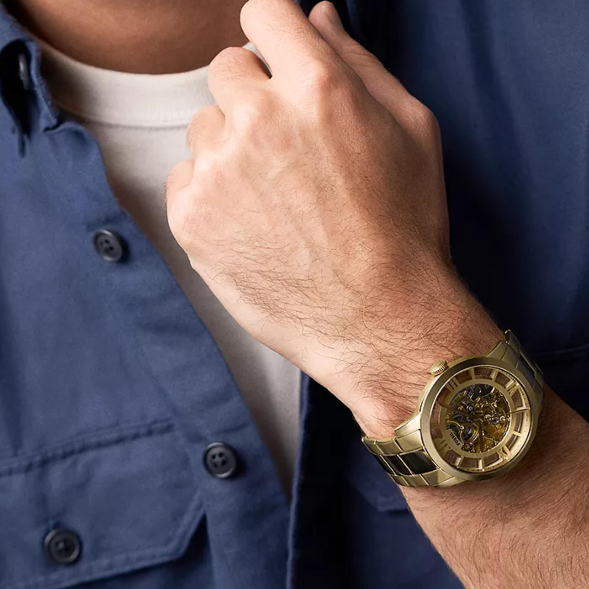 Fossil Townsman 44mm Skeleton Gold Dial Steel Mens Quartz Watch ME3280